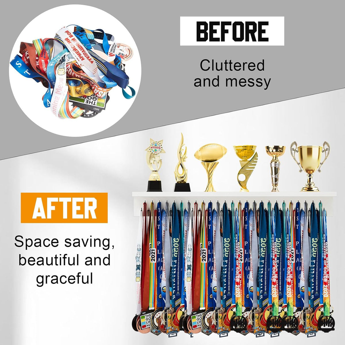 Wooden Medal Hanger Display Trophy Holder Shelf with 25/37/49/65/83 Hooks Wall Mount Ribbon Holder Gift for Gymnastics