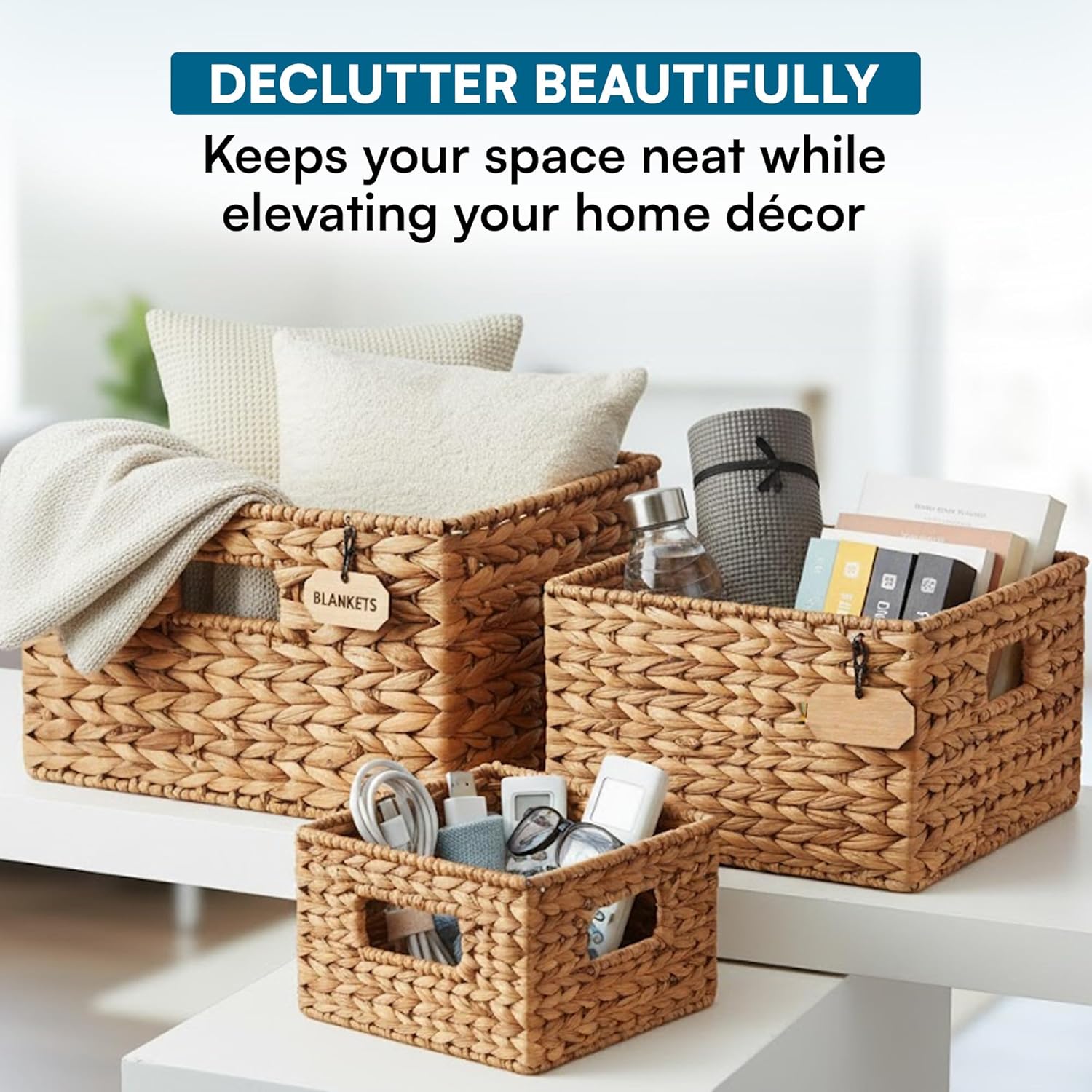 Banana Leaf Storage Baskets -Water Hyacinth Woven Basket / 9" L x 9" W x 6" H / Nested Basket Kit