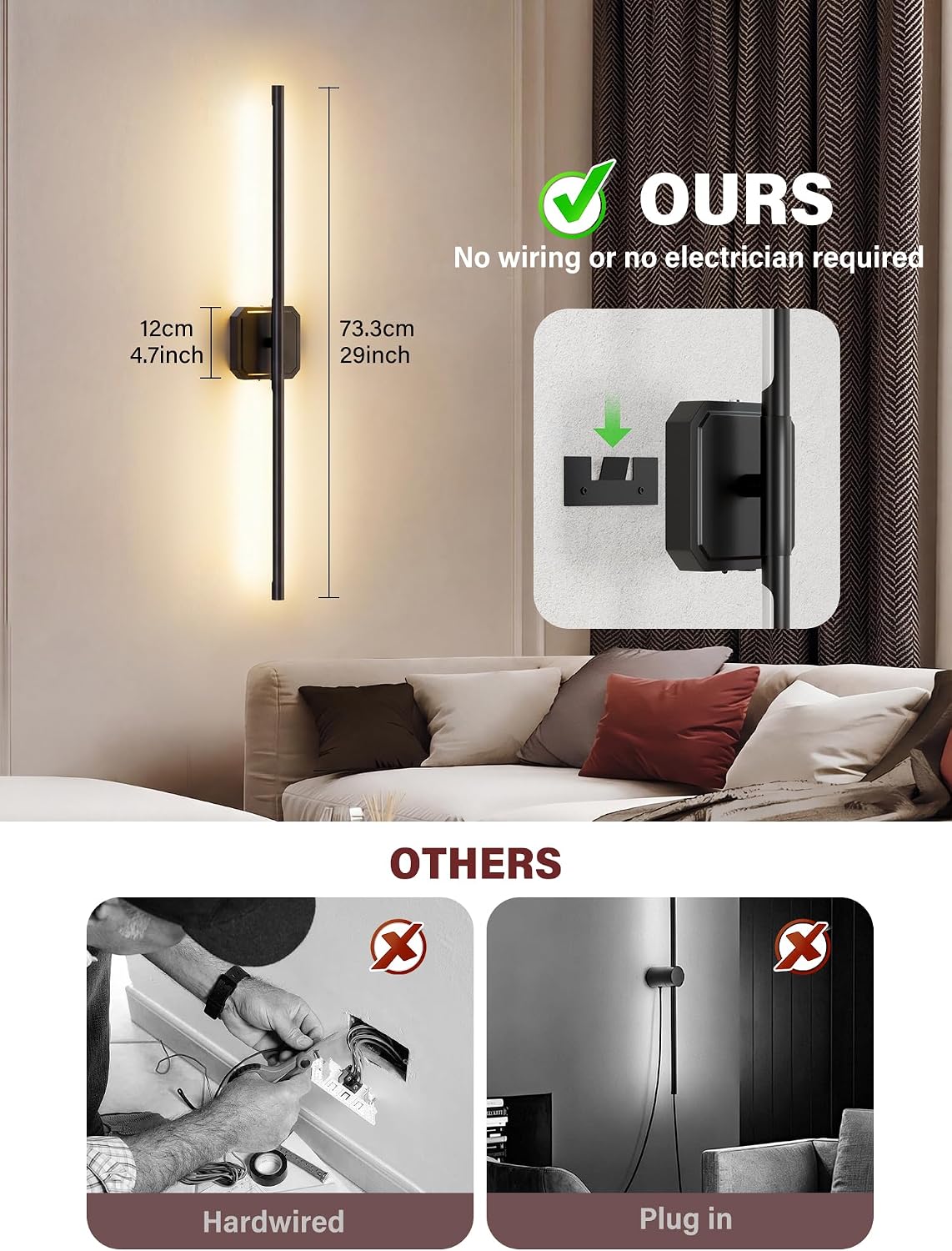 Battery Operated Wall Sconces Set of Two, Wireless Wall Lights Touch & Remote Control Rechargeable LED Wall Lamp