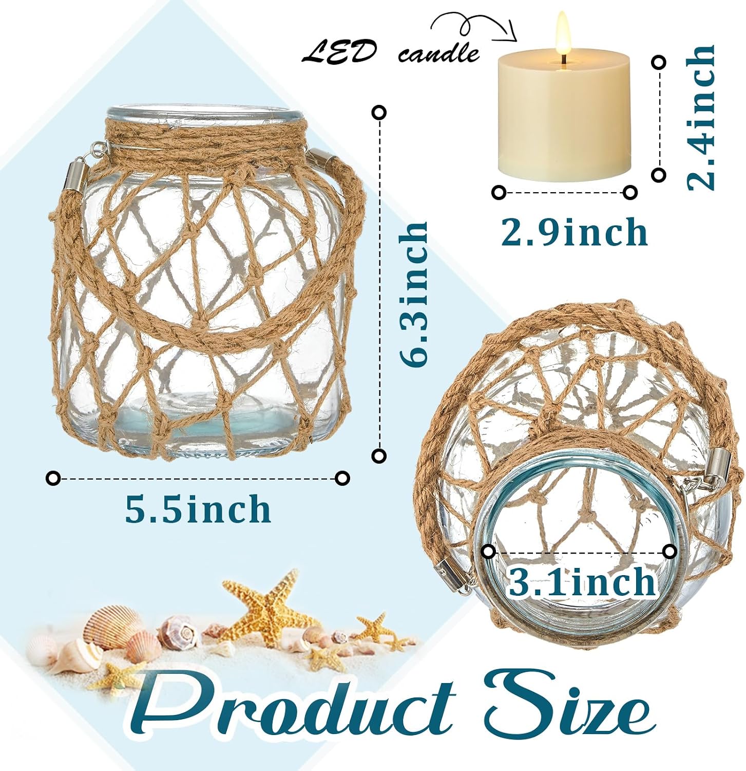 Blushtier 2 Set Nautical Lanterns Rope Handle, Glass LED Flameless,Clear | Battery Operated Light Candles, Coastal