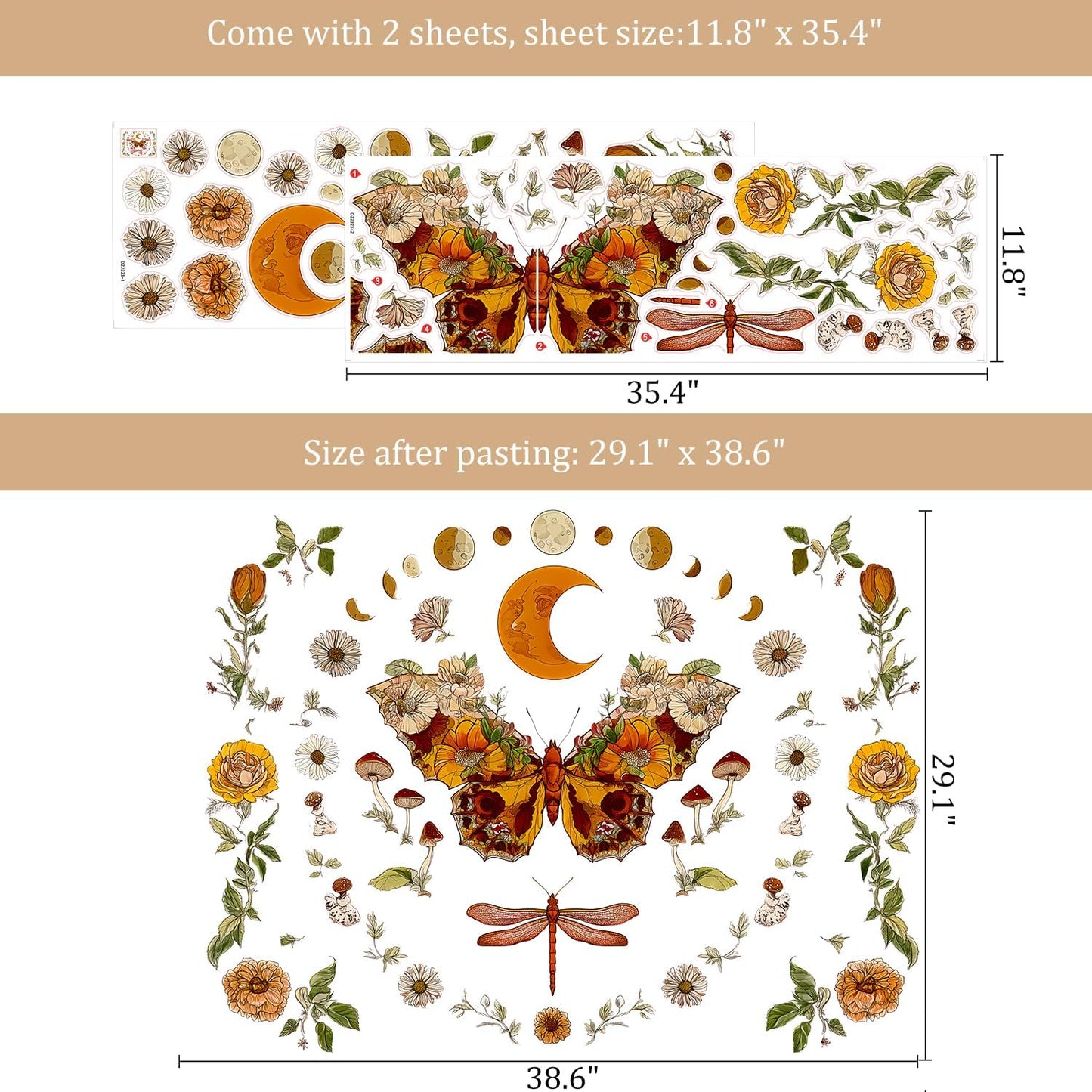 Boho Flowers Butterfly Wall Decals Peel and Stick / Brown, Orange, Green, Beige, Multicolor