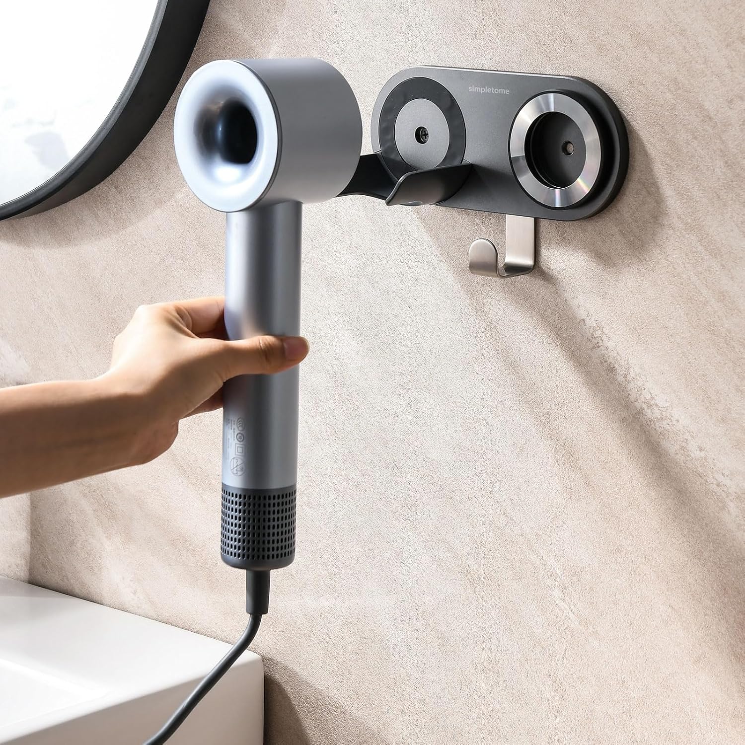 Magnetic Hair Dryer Holder Wall Mount for Most High Speed Blow Dryer | strong POM plastic, dark gray | with plug cord