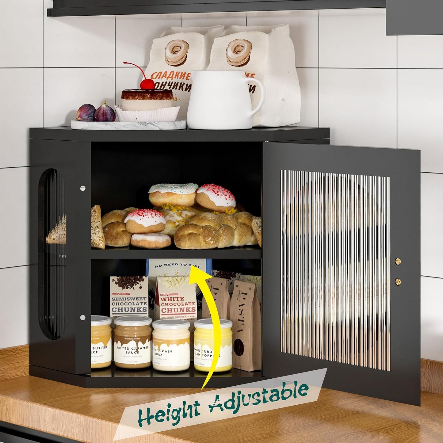 Corner Bread Box for Kitchen Countertop, Large Wooden Bread Box, Double Layer Bread Storage Bin, Bamboo Breadbox for