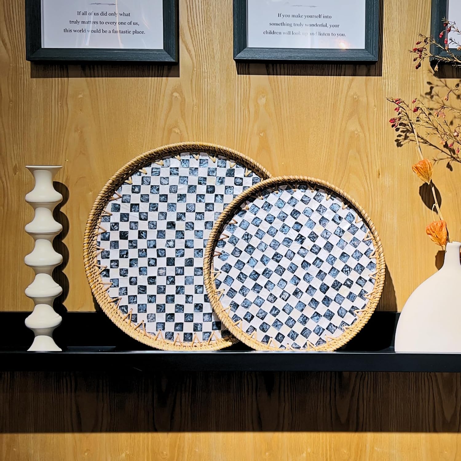 Rattan Checkered Tray / Checkerboard / Set of 2