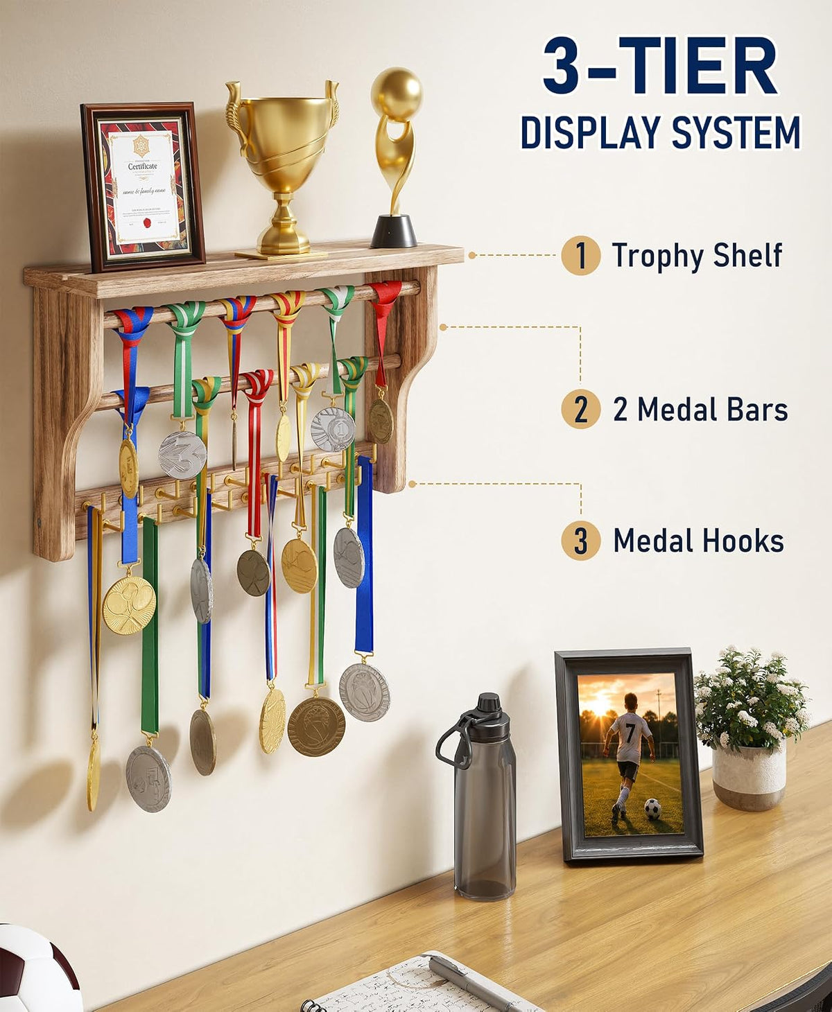 Medal Hanger Display, 3-Tier Solid Wood Trophy Shelf Rack | Medal Holder,2 Medal Bars,17 Metal Hooks,Heavy Duty