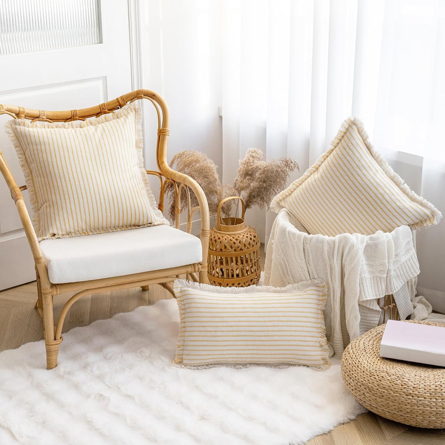 Throw Pillow Covers Striped Fringe Pillow Cover Farmhouse Cushion / Yellow / 20 x 20 / Set of 2