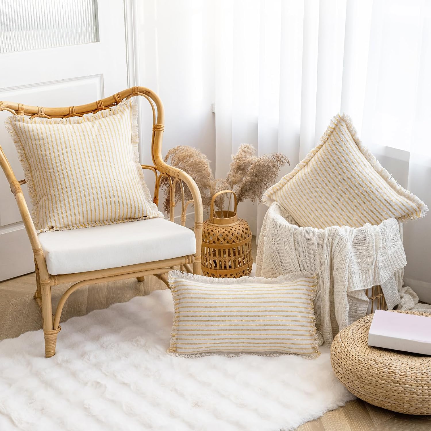 Throw Pillow Covers Striped Fringe Pillow Cover Farmhouse Cushion / Yellow / 18 x 18 / Set of 2