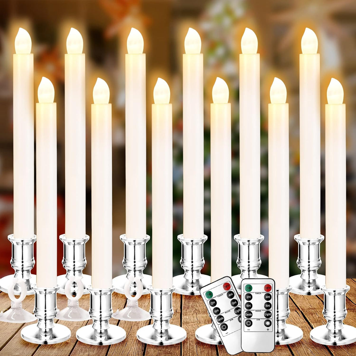 YAUNGEL Window Candles, 12 Pack LED Battery Operated Christmas Candles for Windows with Remote Electric Candle Lights with Removable Candle Holders Suction Cups for Christmas Decorations, Silver