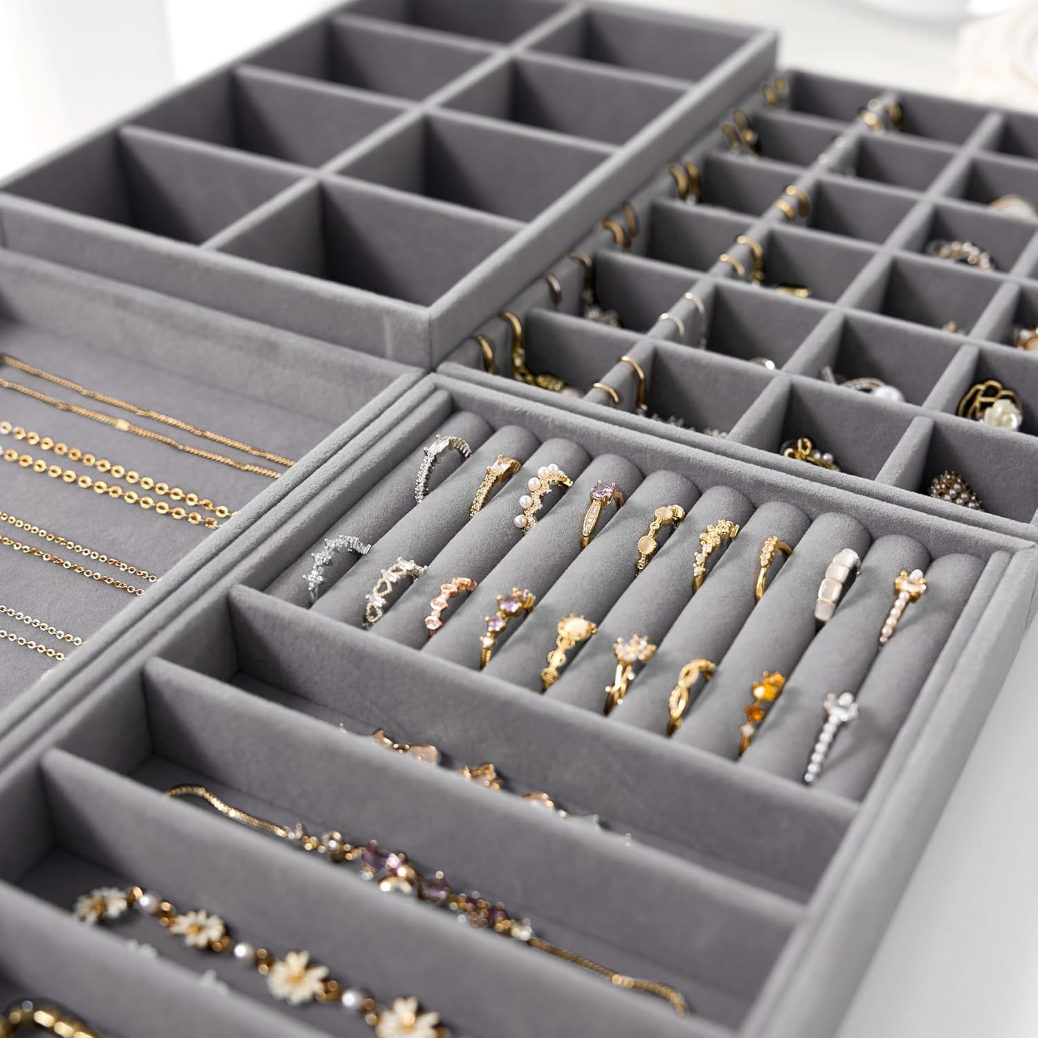 Velvet Jewelry Drawer Organizer Trays / Grey / Compact