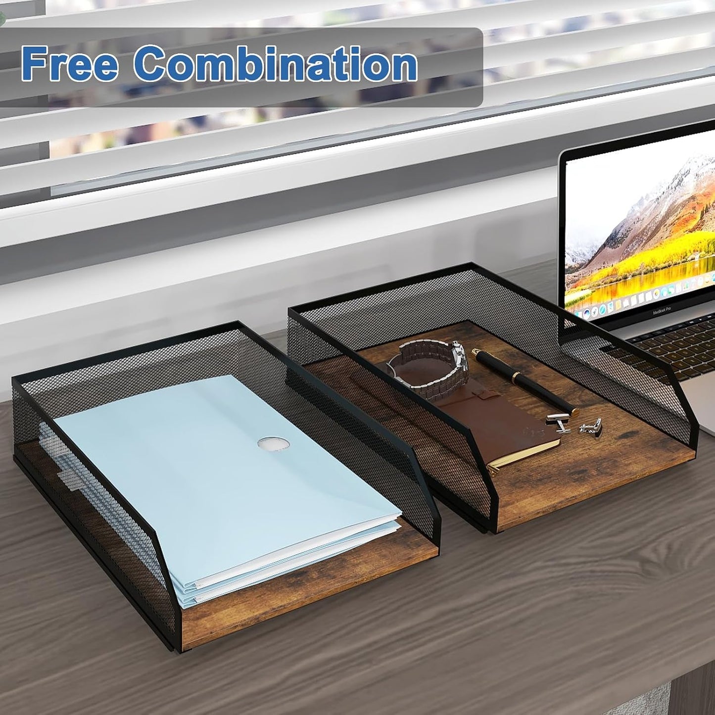 Natwind 2-Tier Stackable Metal Mesh Paper Organizer with Sliding Tray,Retro | Wooden Desk Organizer, Letter Tray For