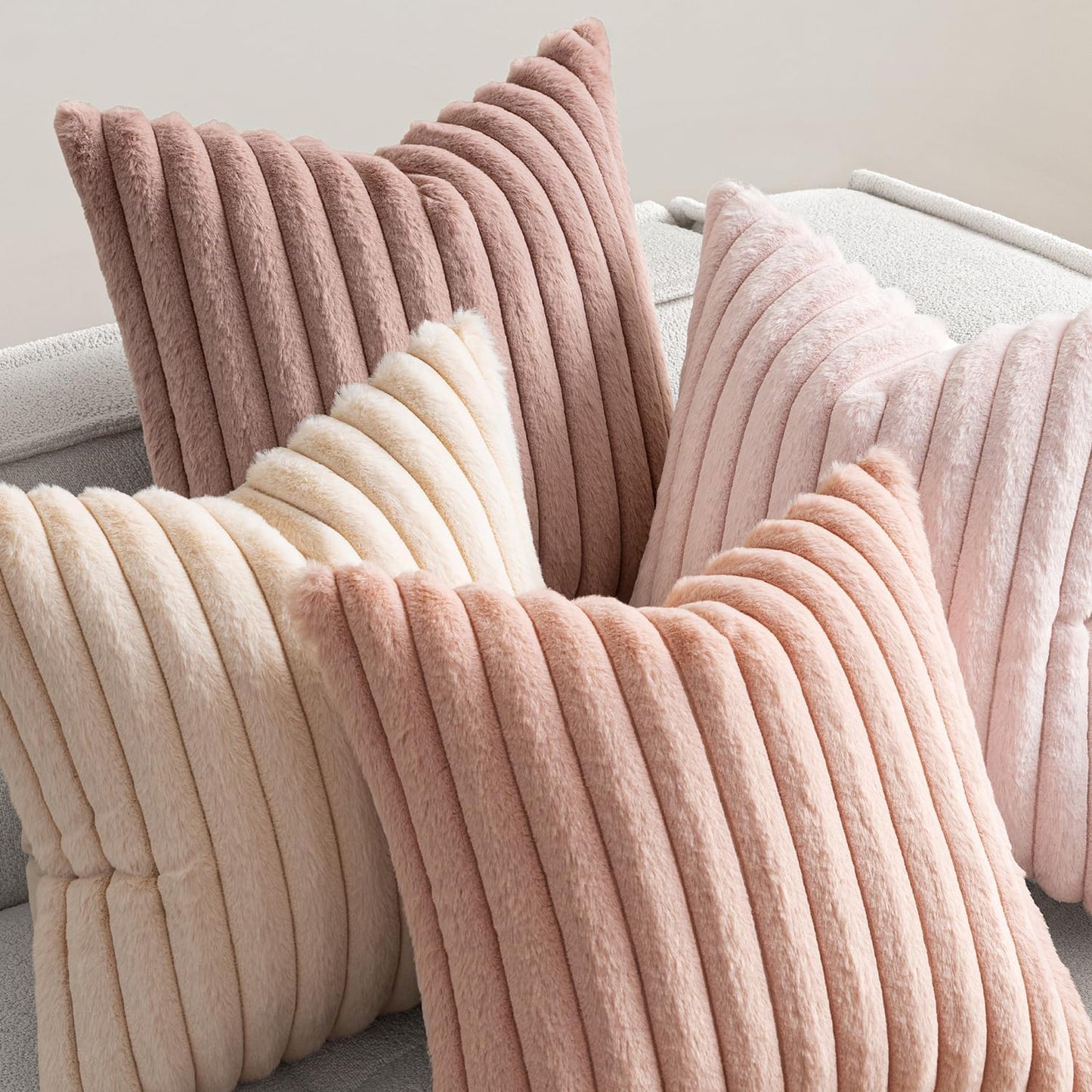 Faux Fur Plush Decorative Throw Pillow Covers / 18 x 18 / Pink / Set of 4