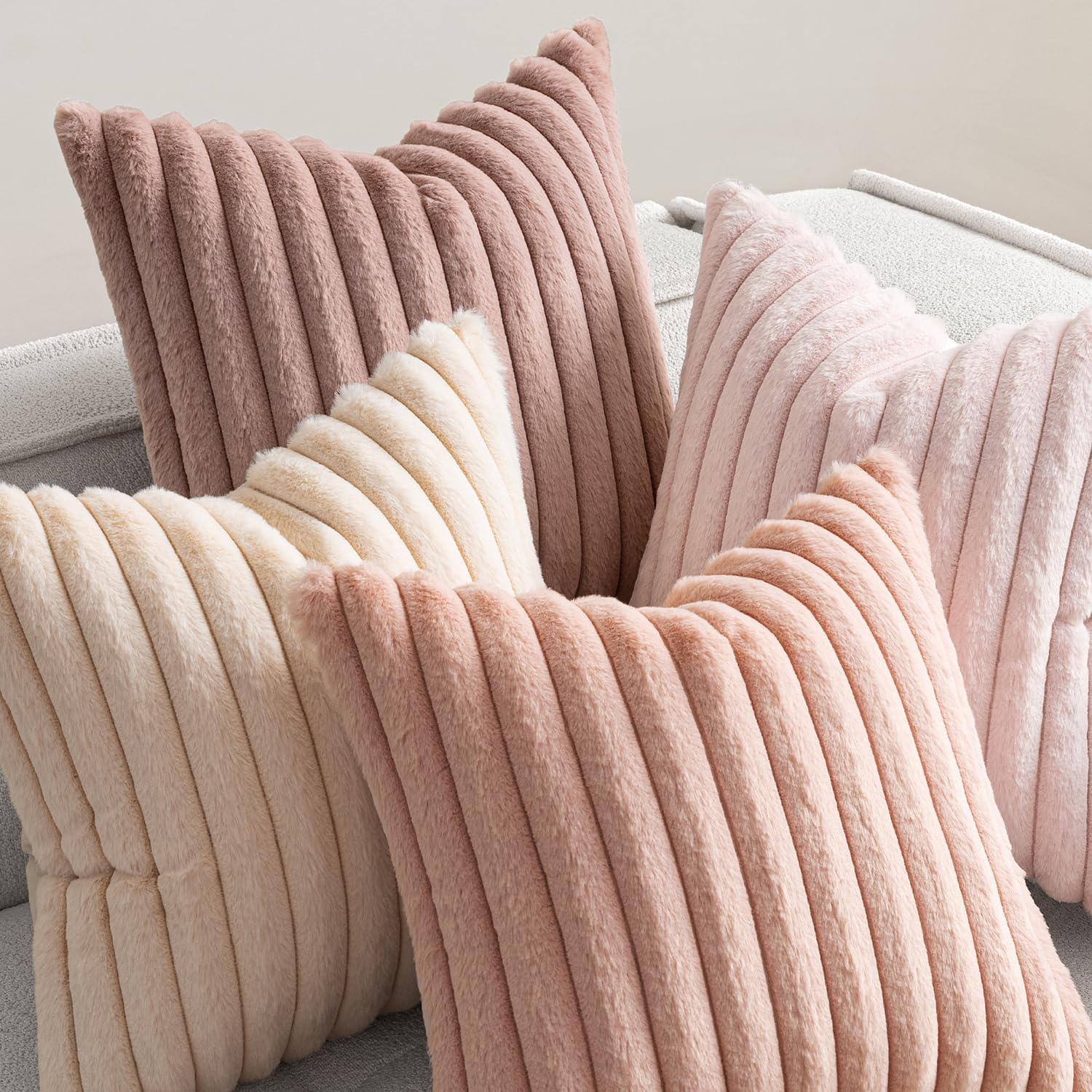 Faux Fur Plush Decorative Throw Pillow Covers / 18 x 18 / Pink / Set of 4