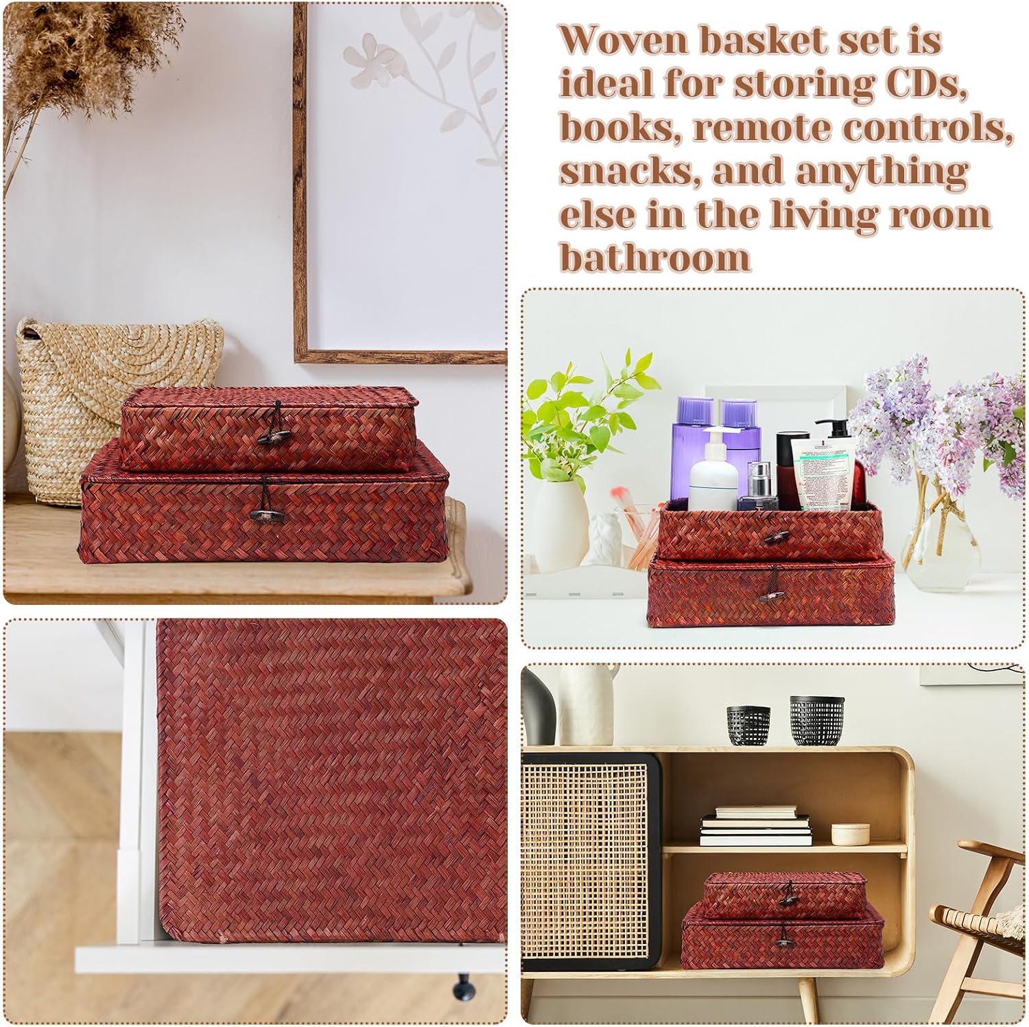 Seagrass Basket / Lid Wicker Storage Basket Decorative Storage Boxes / Retro Red / Set of 4