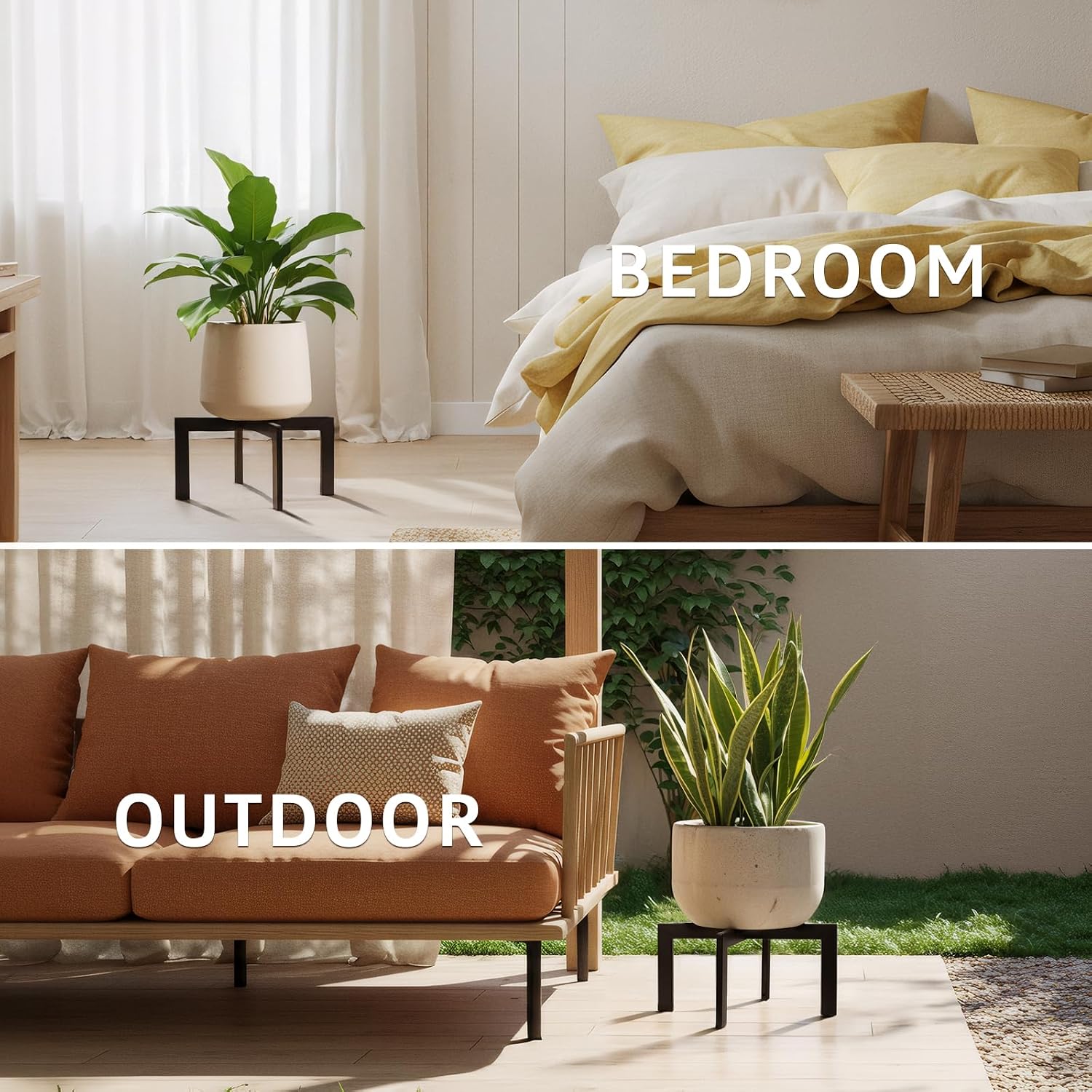 4 Pack Plant Stand Indoor Outdoor,Metal Mid-Century Pot Stand,Modern Plant Holder Rattan Flower Plant Stool,Low Short