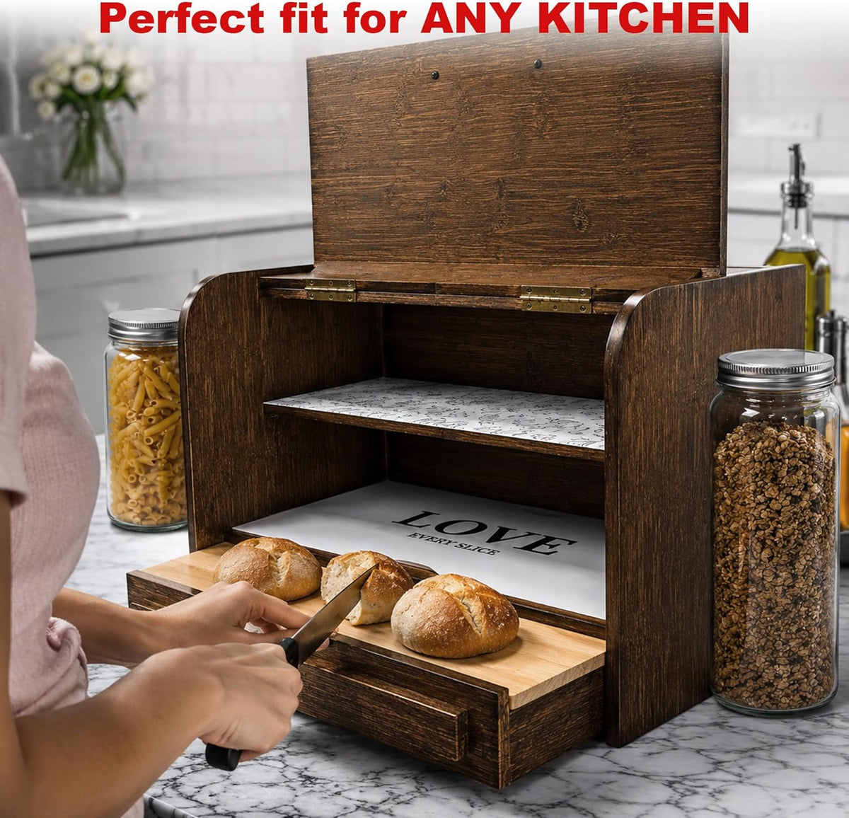 KNIFEPLANET Premium FULLY ASSEMBLED Rustic Bread Box – Extra Large Real Wood Bread Box for Kitchen Countertop Storage