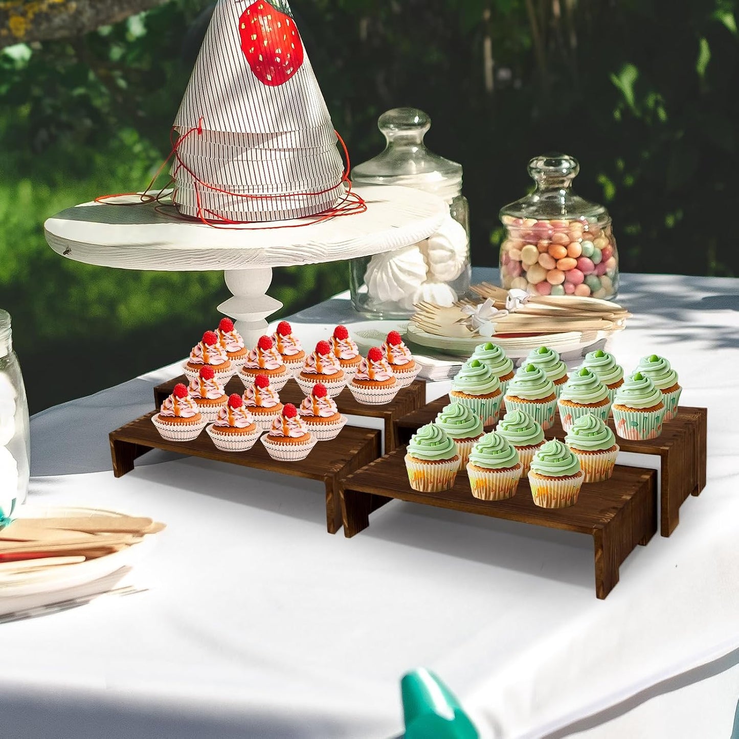 Yikaroeli 4Pcs Large Display Riser Wood Risers Cupcake Display Stand 2 Tier Racks Rectangular, 2 Set Perfume Decorative