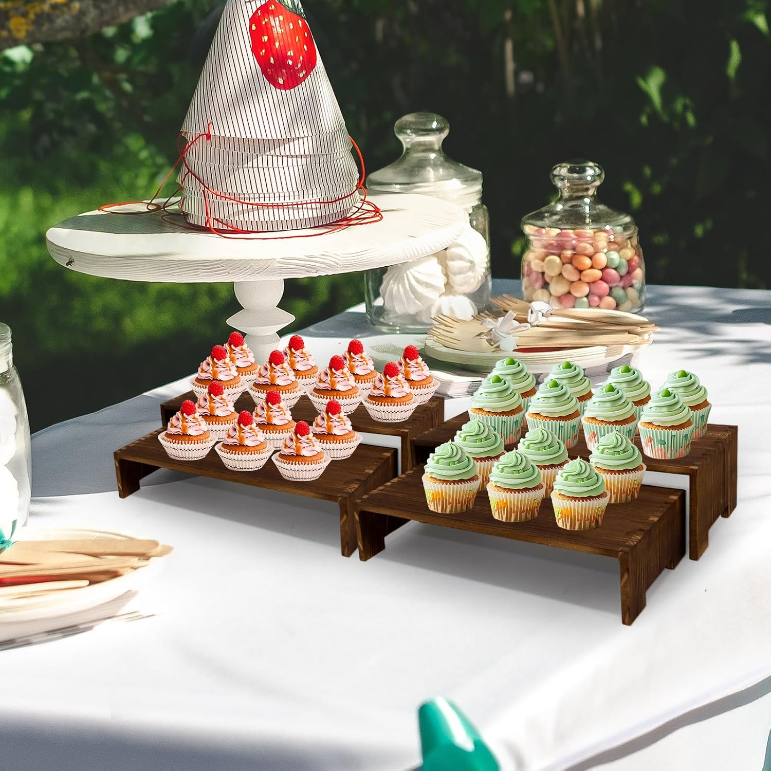 Yikaroeli 4Pcs Large Display Riser Wood Risers Cupcake Display Stand 2 Tier Racks Rectangular, 2 Set Perfume Decorative