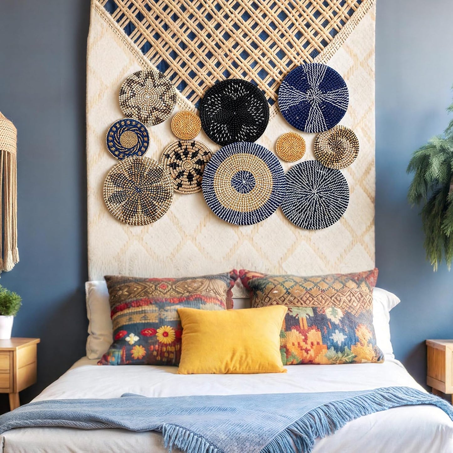Boho Wall Basket Decor Bulrush Woven Wall Hanging Art Round Farmhouse Rustic / Blue / Set of 11