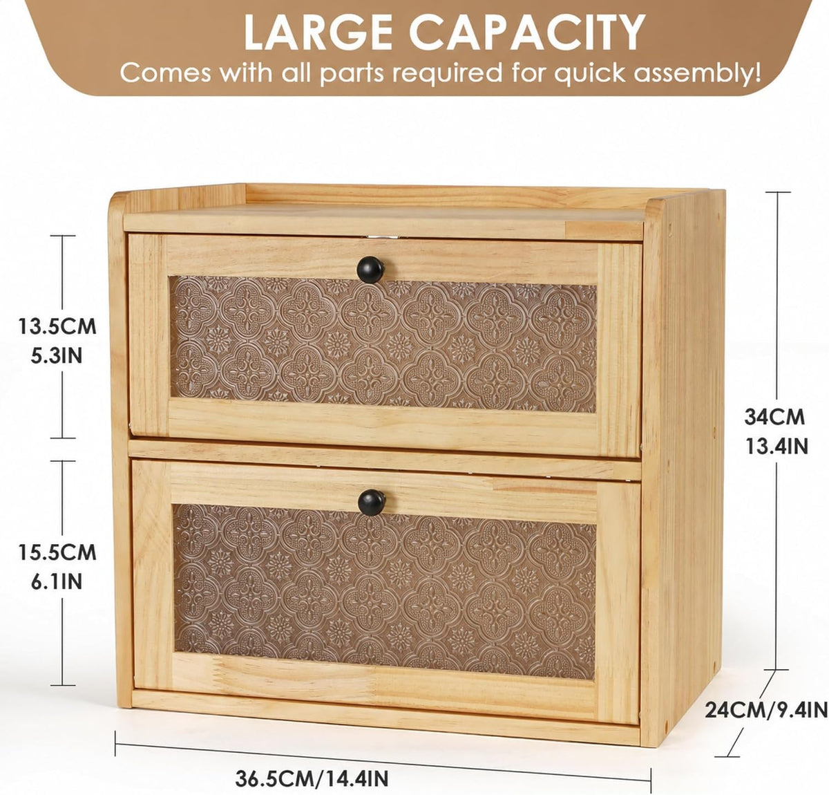 Sunhoo Bread Box for Kitchen Countertop, Large Pine Wood Breadbox, Natural | Farmhouse Pantry Container, Double Layer