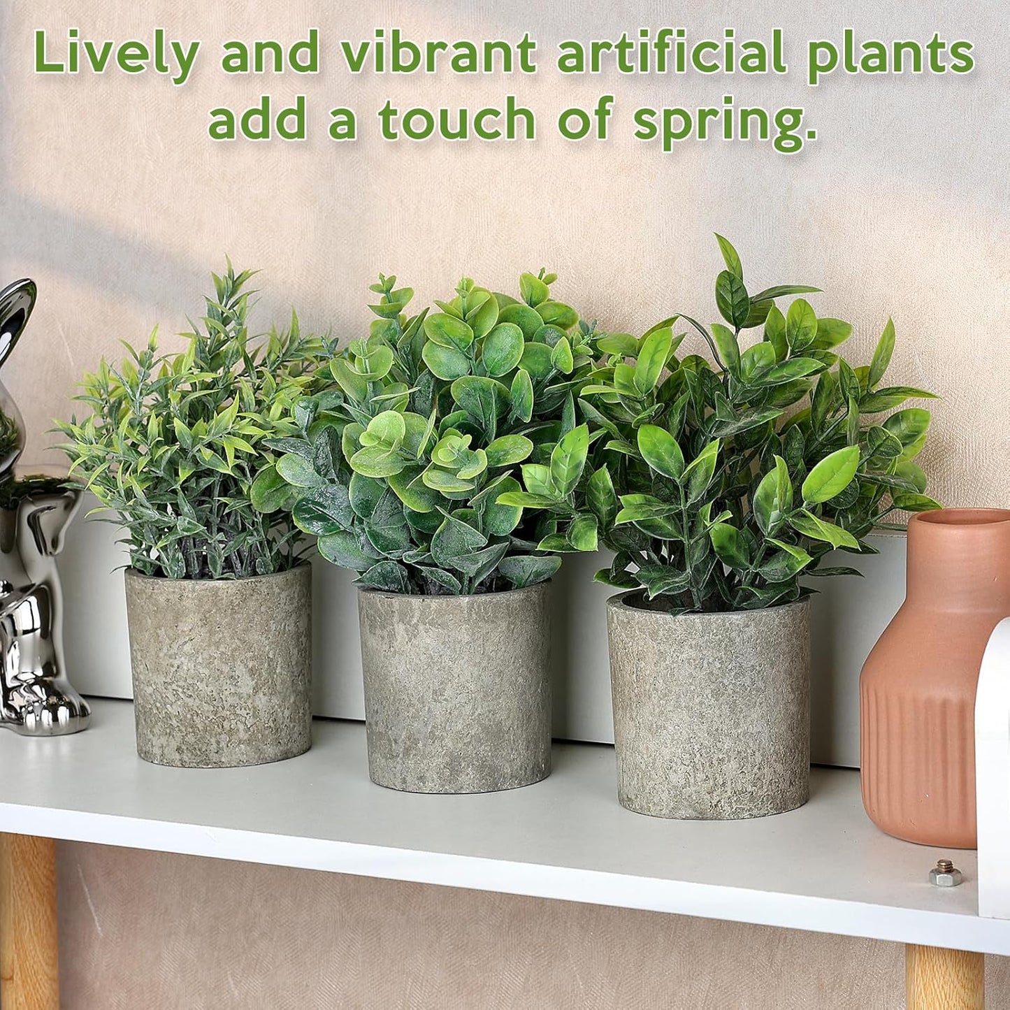 Mini Potted Fake Plants Artificial Small Eucalyptus Plants / Green / Mimi Potted Plants / Set of 3