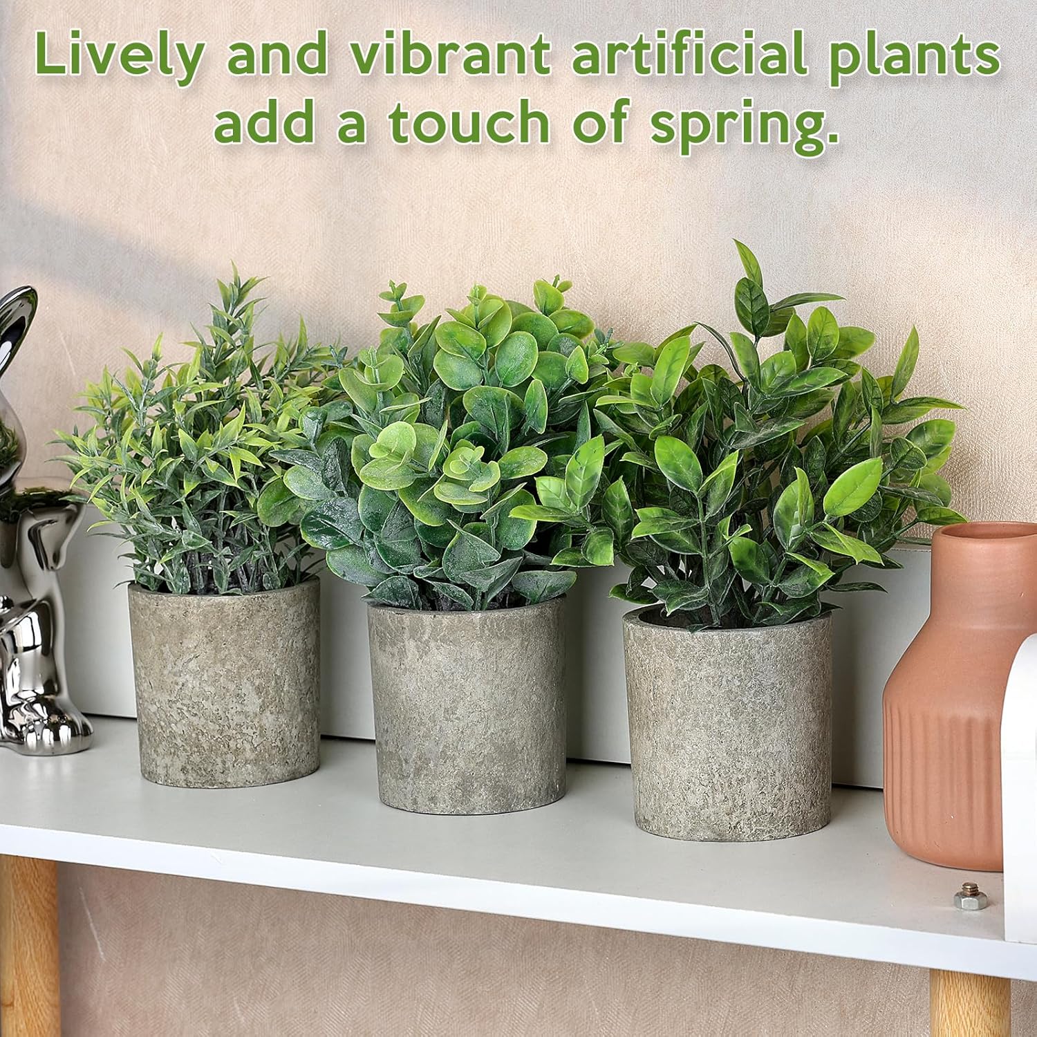 Mini Potted Fake Plants Artificial Small Eucalyptus Plants / Green / Mimi Potted Plants / Set of 3