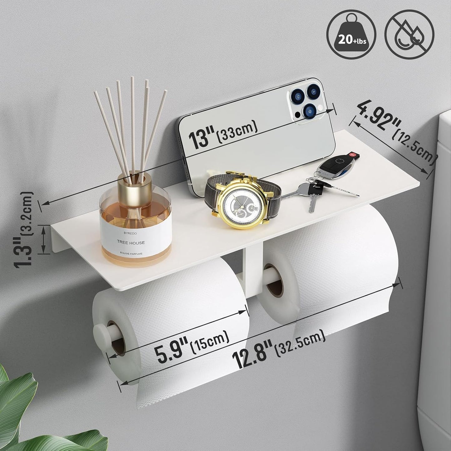 Bathroom Toilet Paper Holder with Shelf, Wall Mount, Double Roll, White