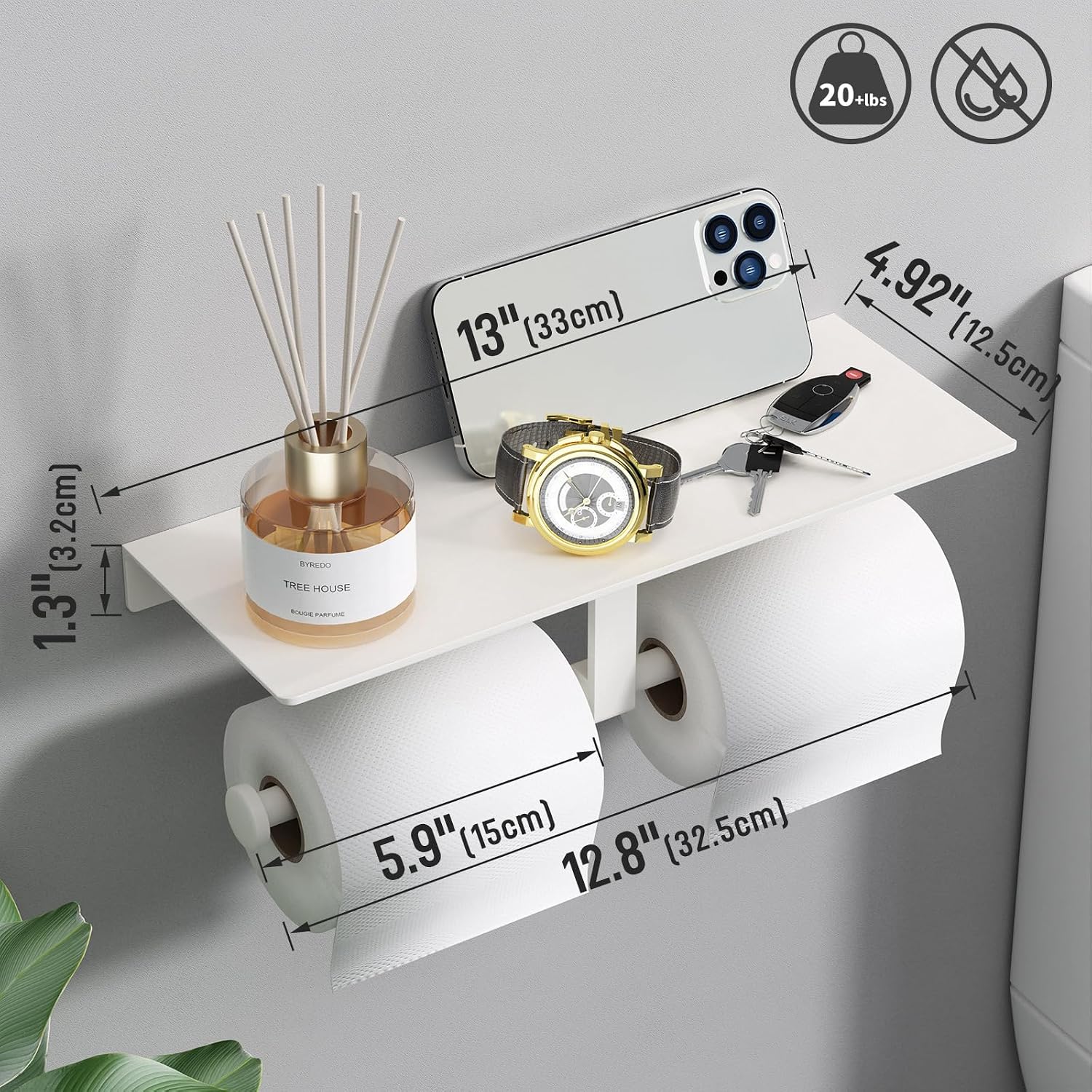 Bathroom Toilet Paper Holder with Shelf, Wall Mount, Double Roll, White