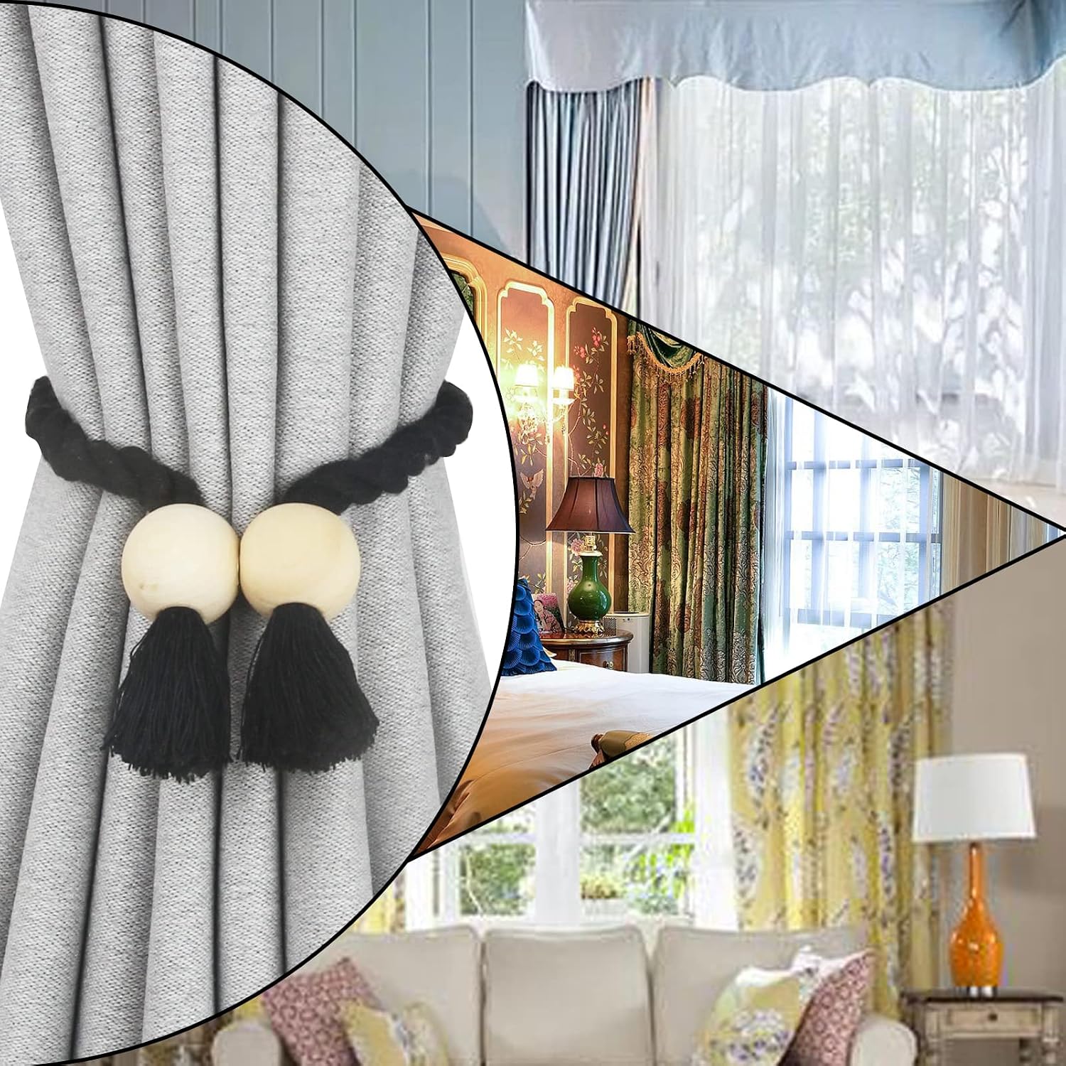 Magnetic Curtain Tiebacks Decorative Tie Back Drapes Holdbacks Nieffeiy | 6 Pack Black Cotton Hand Woven Rope Curtain
