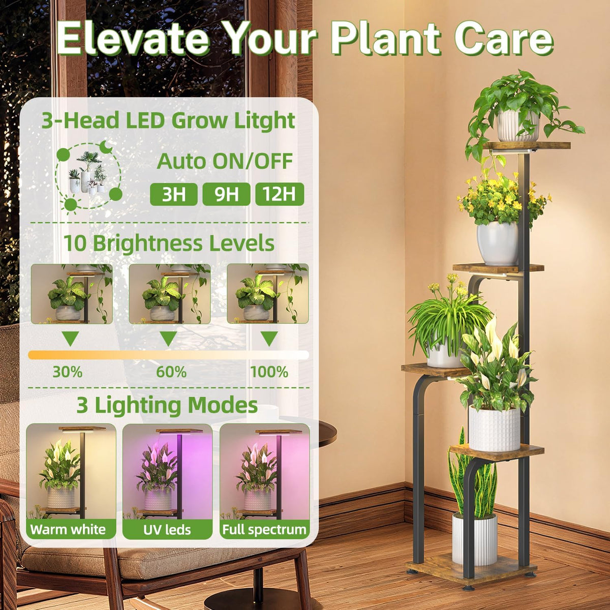 iDavosic.ly Tall Plant Stand Indoor with Grow Lights & Wooden Trays, Brown | 4 Tier Multiple Flower Holder Shelf, Space