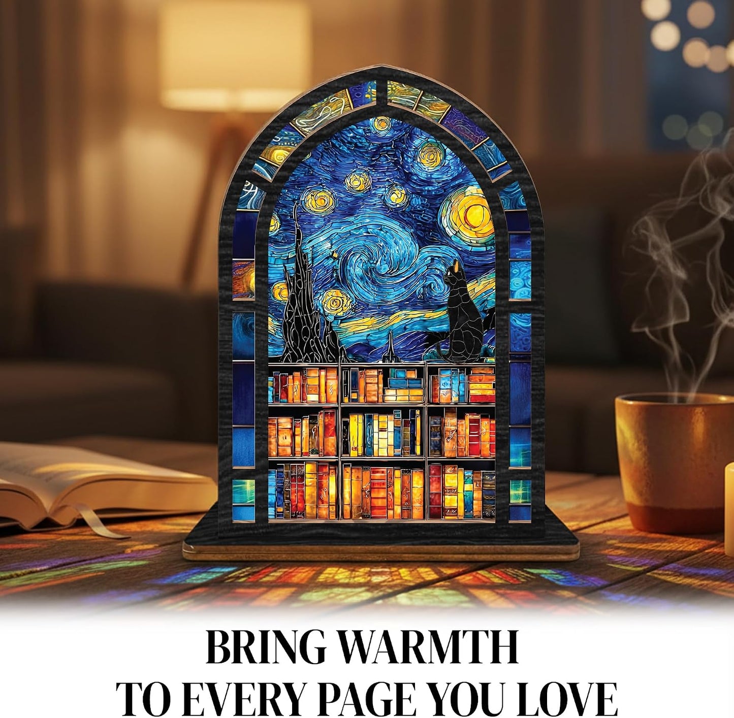 Starry Night Stained Glass Book Nook Candle Holder / Starry Night Cat Suncatcher Candle Holder