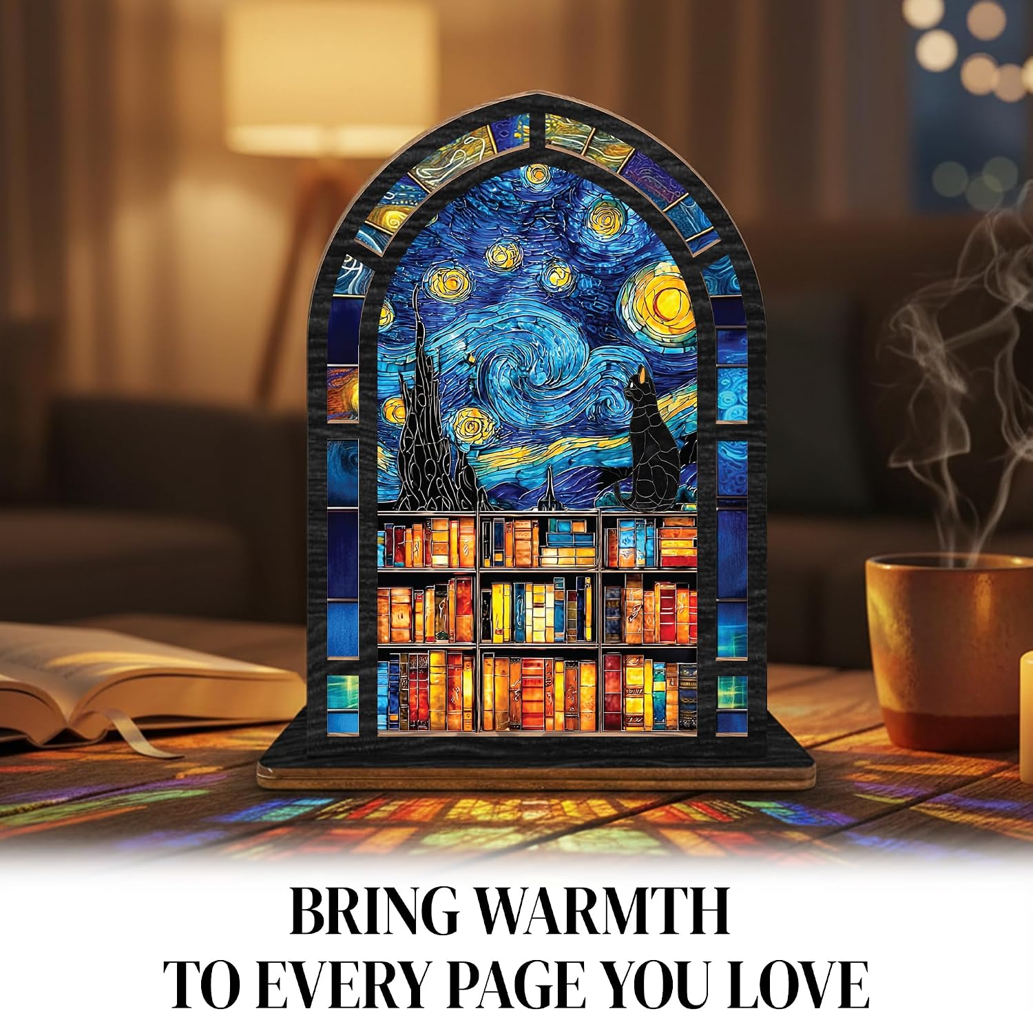 Starry Night Stained Glass Book Nook Candle Holder / Starry Night Cat Suncatcher Candle Holder