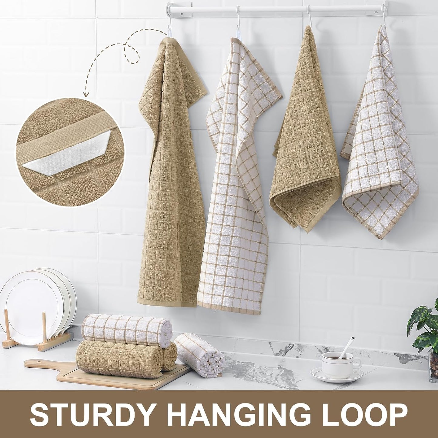 Homaxy Large Premium Cotton Kitchen Towels 16"x 28", 6 Pack, Tan | Natural Ring Spun 390 GSM Dish Towels, Super