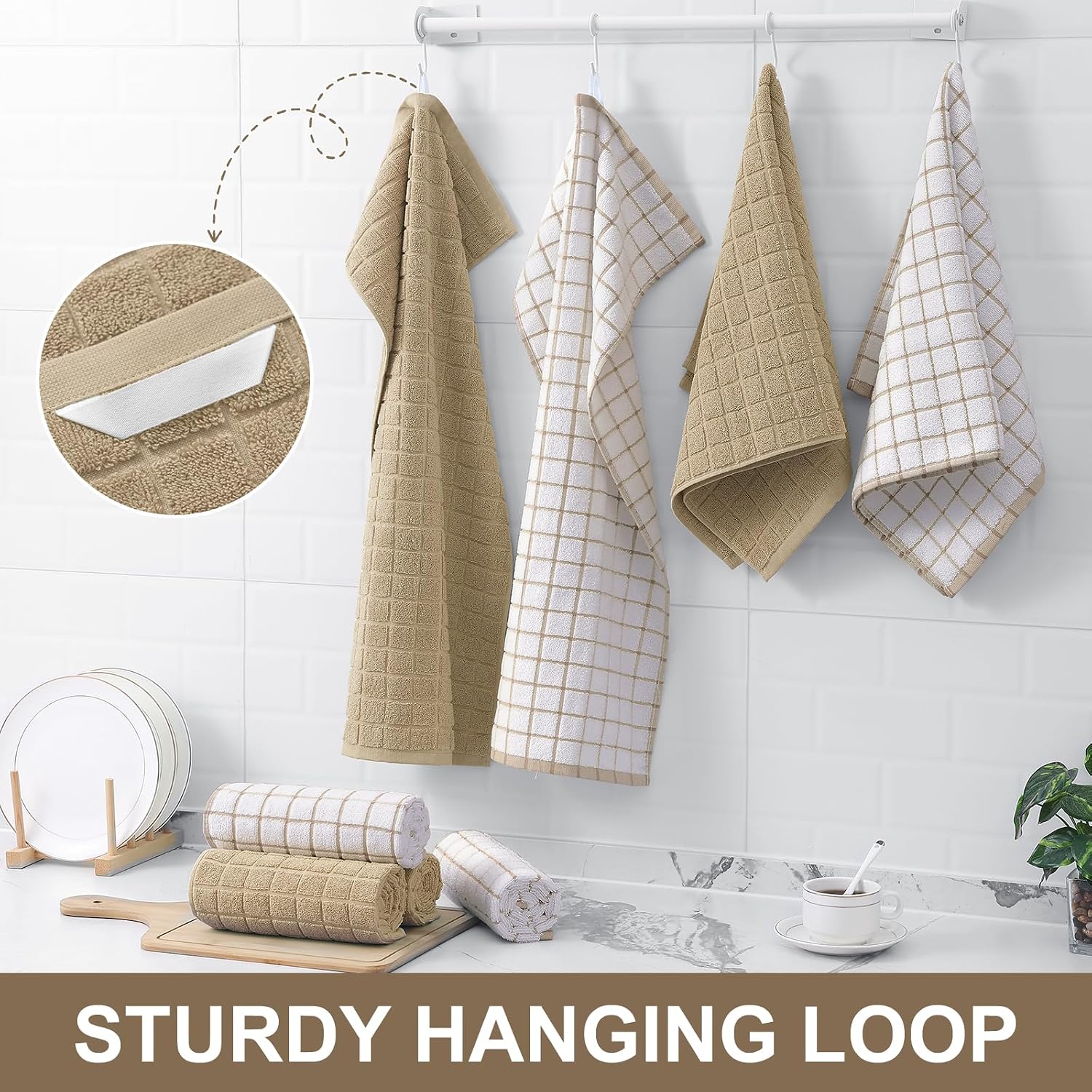 Homaxy Large Premium Cotton Kitchen Towels 16"x 28", 6 Pack, Tan | Natural Ring Spun 390 GSM Dish Towels, Super