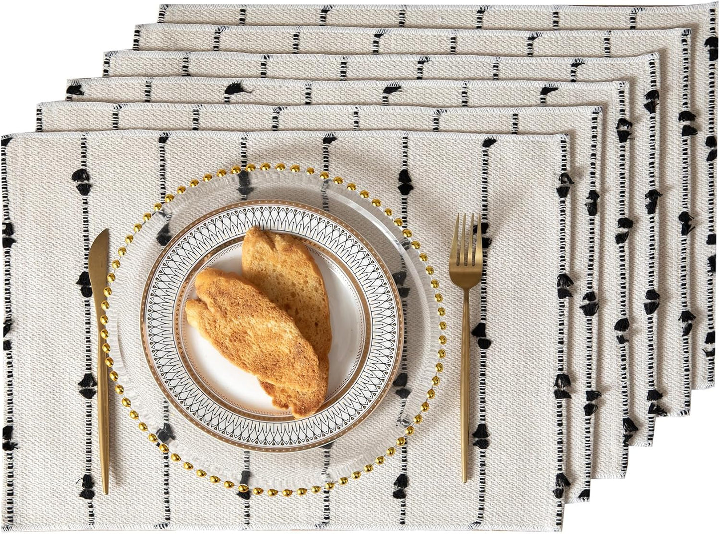Boho Placemats Set of 6 for Dining Table Decor, Woven Cloth Place Mats for Farmhouse Rustic Kitche Home Decor, Cotton