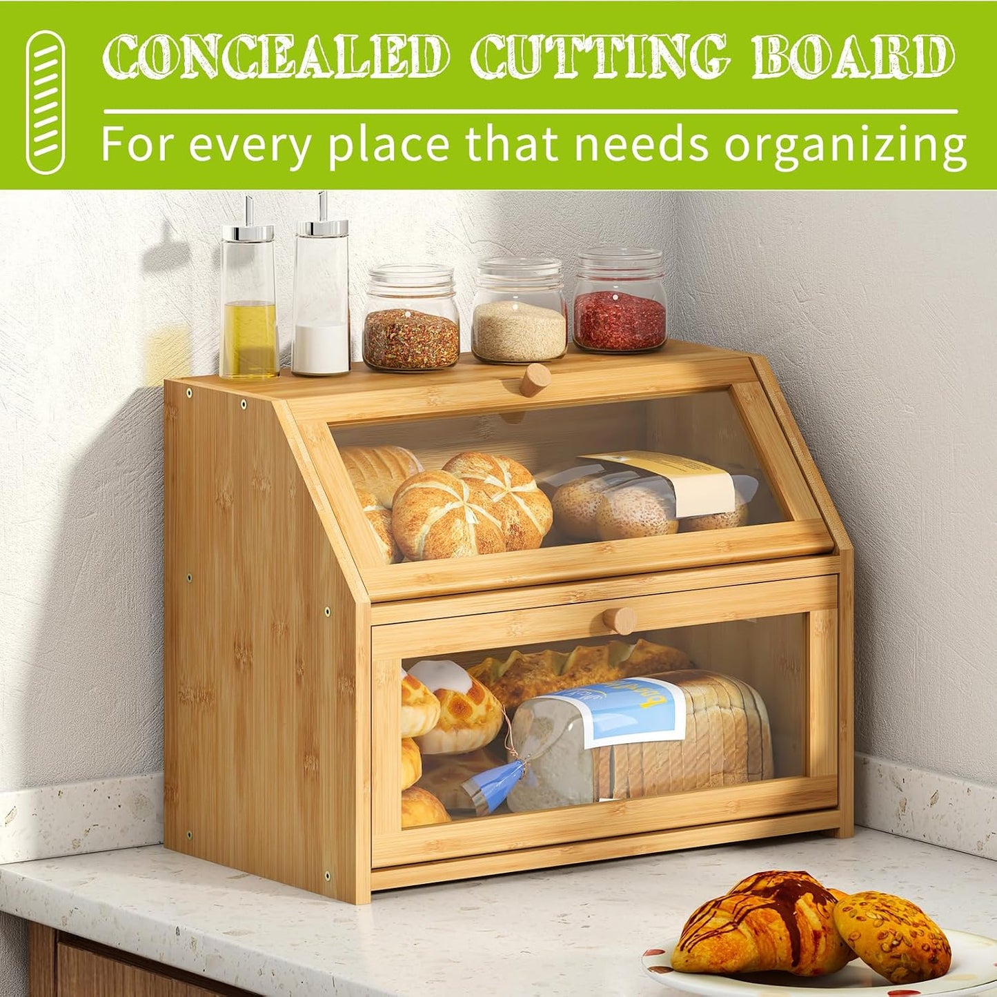 BMOSU Farmhouse Bread Box for Kitchen Countertop Bread box Double Layer Bamboo Wooden Extra Large Capacity Bin Kitchen