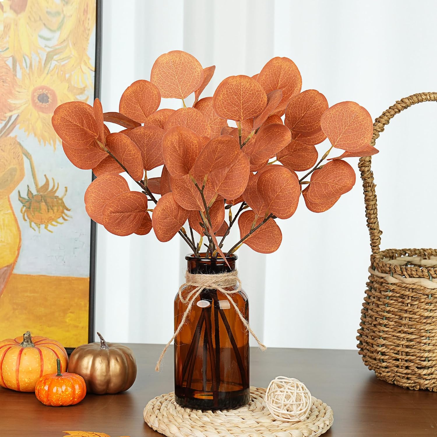 13.5" Fake Plants for Fall Bathroom Decor Autumn Artificial Eucalyptus Stems in Glass Vase / Amber