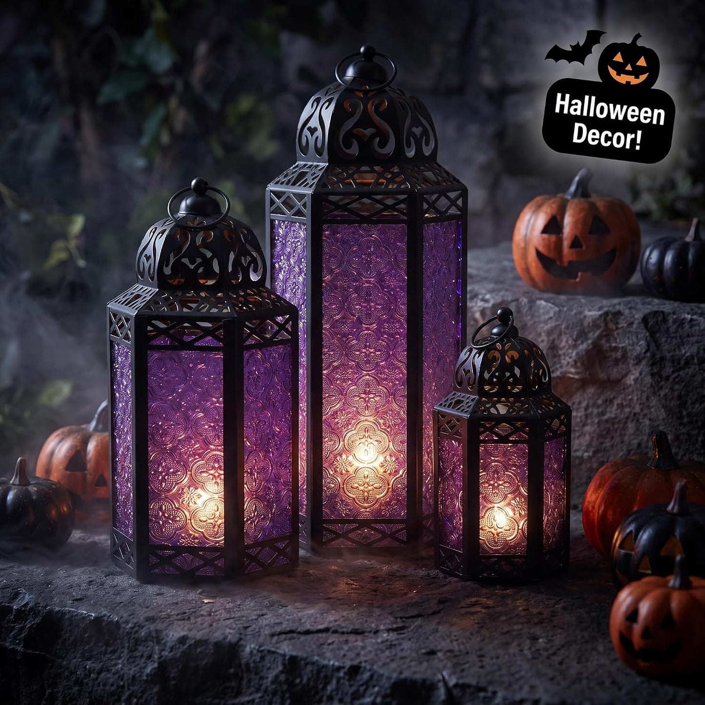 VELA LANTERNS Set of 3 Purple Glass & Black Metal Moroccan Candle Lantern Holders (XL, Large, Small) - Decorative