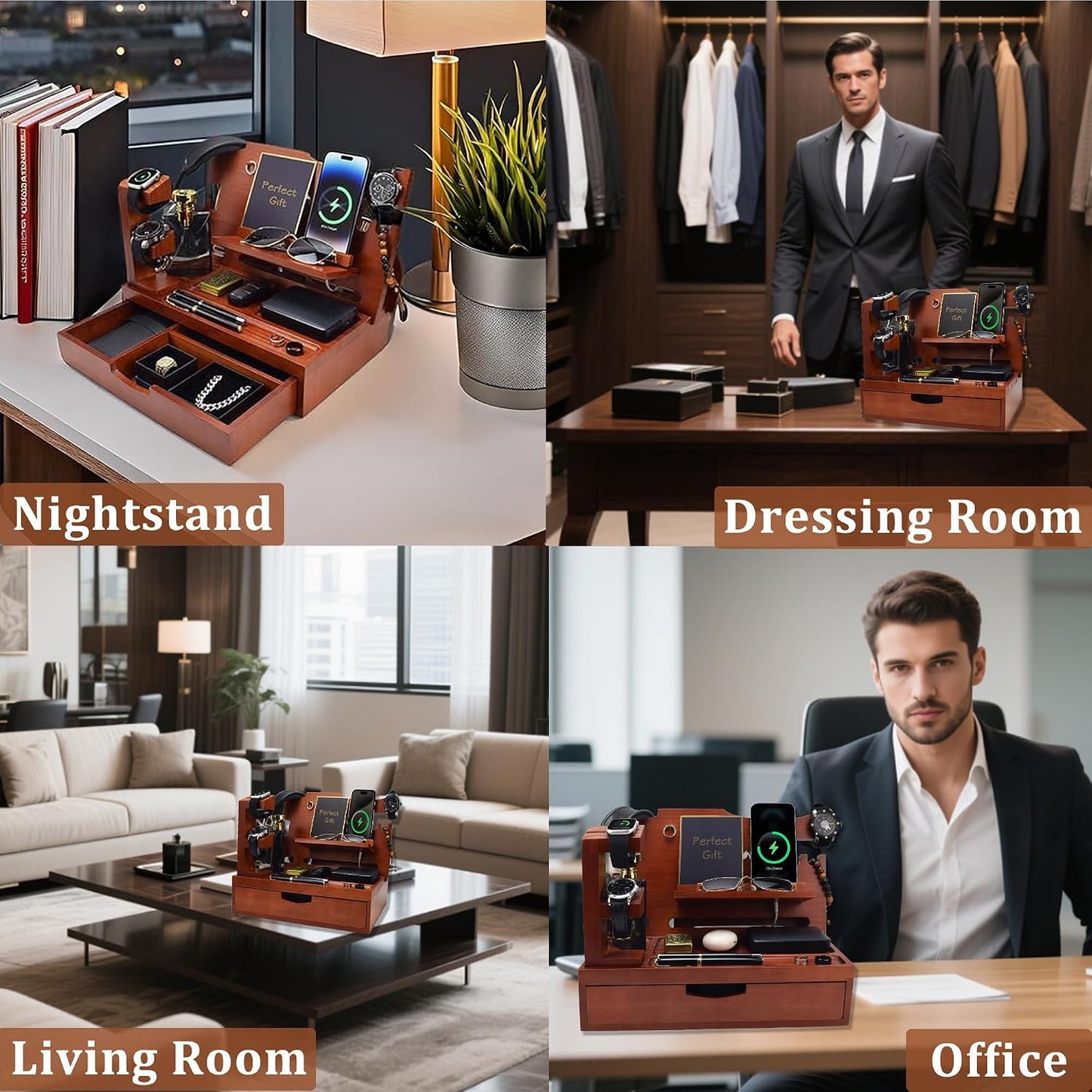 Nightstand Organizer for Men with Large Drawer, Wood Phone Docking Station for Phone, Apple Watch, Wallet & Keys, Ideal