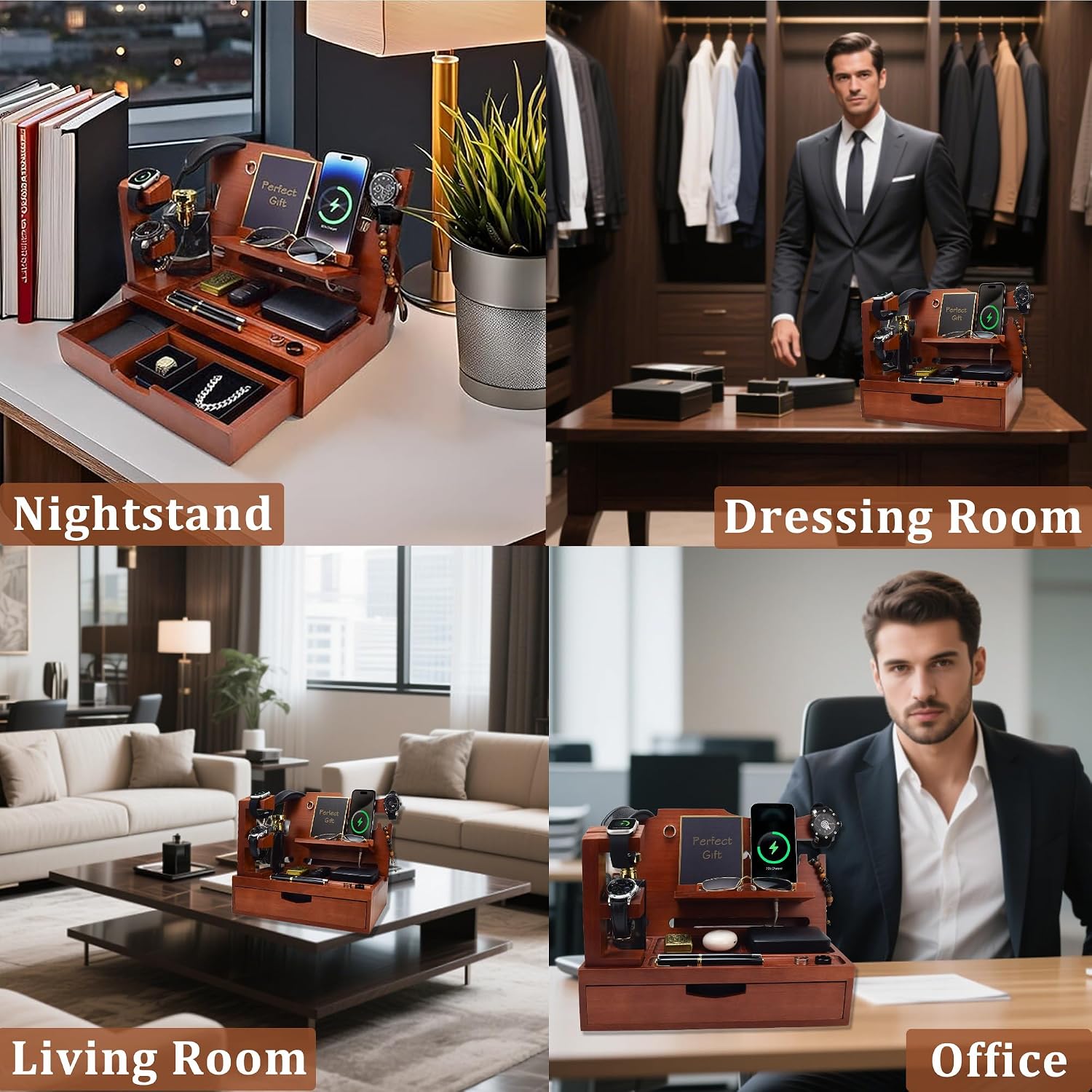 Nightstand Organizer for Men with Large Drawer, Wood Phone Docking Station for Phone, Apple Watch, Wallet & Keys, Ideal