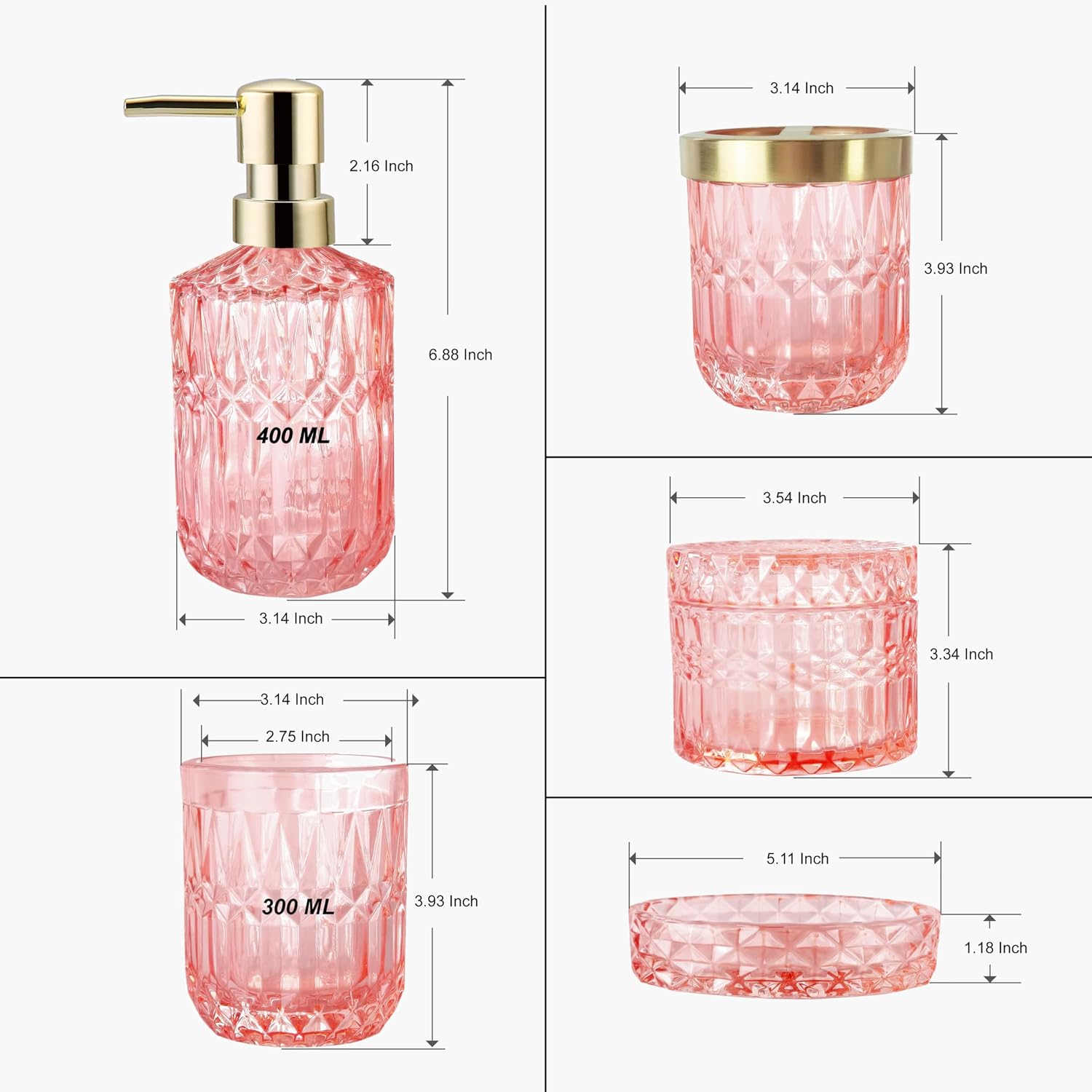 LaMarriti 5pcs Pink Bathroom Accessory Set, Clear Glass Bathroom Set, Soap Dispenser and Toothbrush Holder Set, Soap