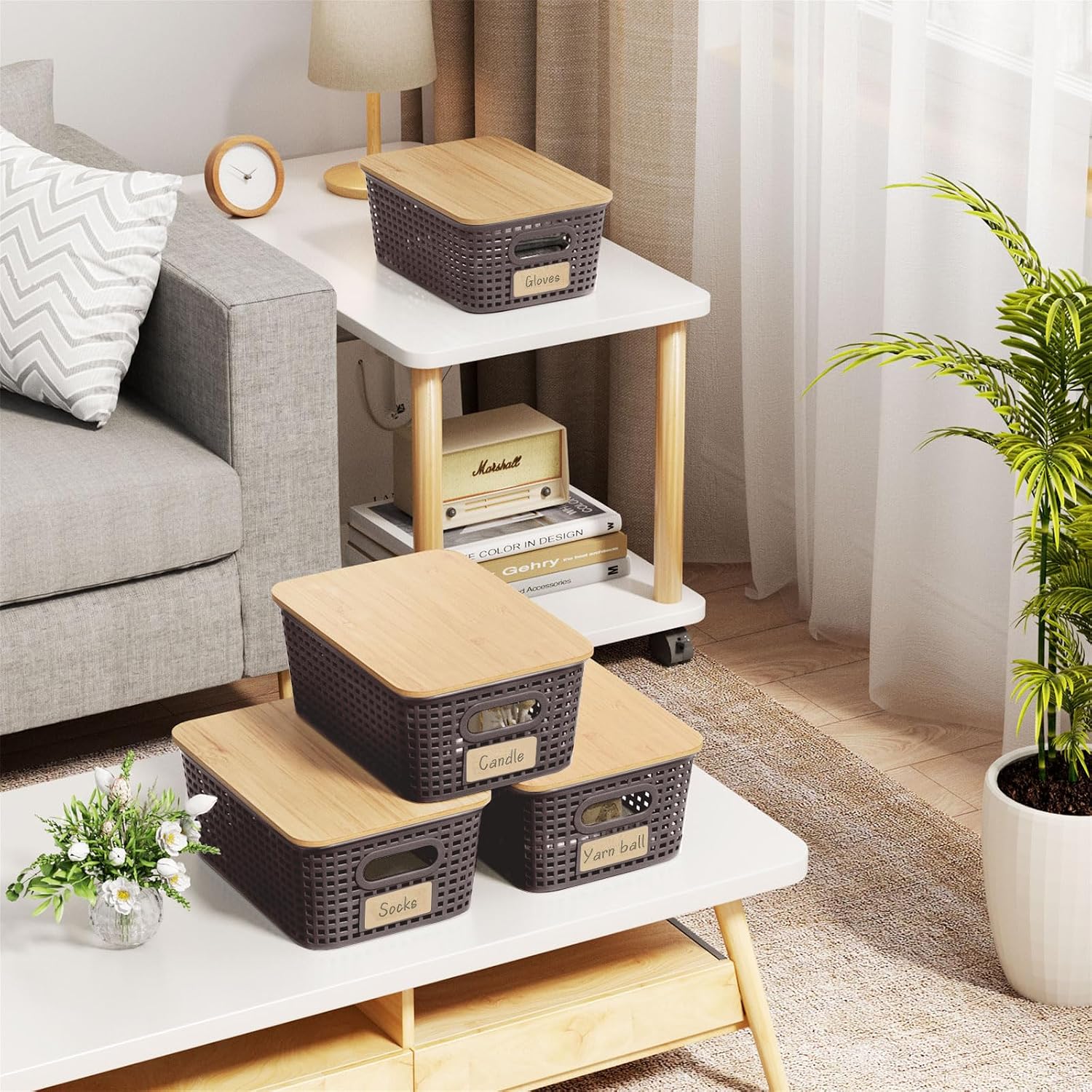 Storage Bins / Stackable Plastic Storage Basket / Brown / Set of 6