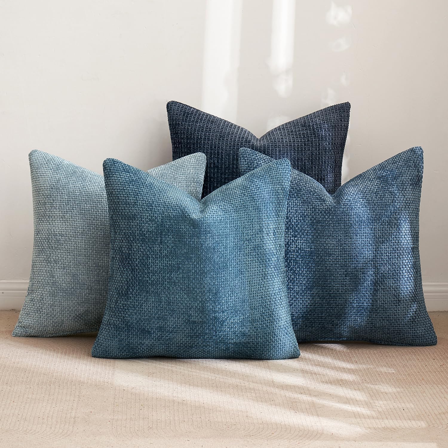 Couch Throw Pillow Covers Soft Decorative Chenille Pillow Covers / 18 x 18 / Neutral Blue / Set of 4