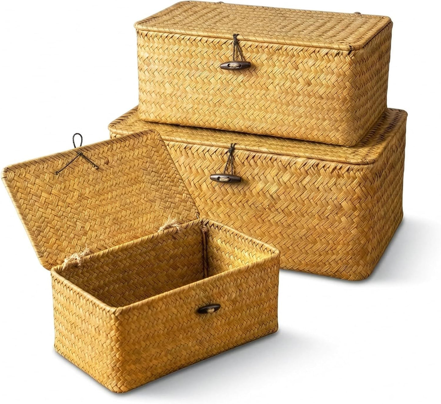 Compact Handwoven Seagrass Storage Bins Rectangular Wicker Basket / Set of 3