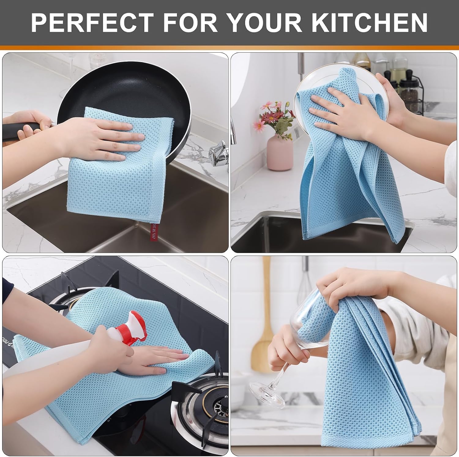 Kitinjoy 100% Cotton Waffle 12-Pack Kitchen Towels, 13" x 28", Sky Blue | Super Soft, Ultra-Absorbent, Fast Drying