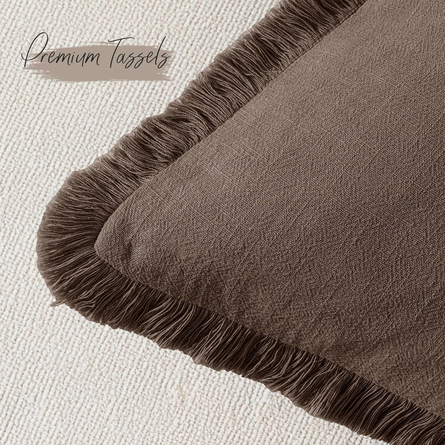 Decorative Linen Fringe Throw Pillow Covers Boho Accent / 20 x 20 / Reddish Brown / Set of 2