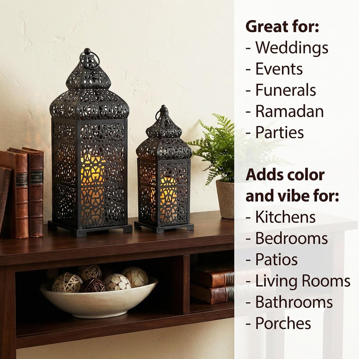 Vela Lanterns Decorative Indoor Moroccan Candle Holders, Black, Set of 2 | Halloween & Ramadan Decorations for Home