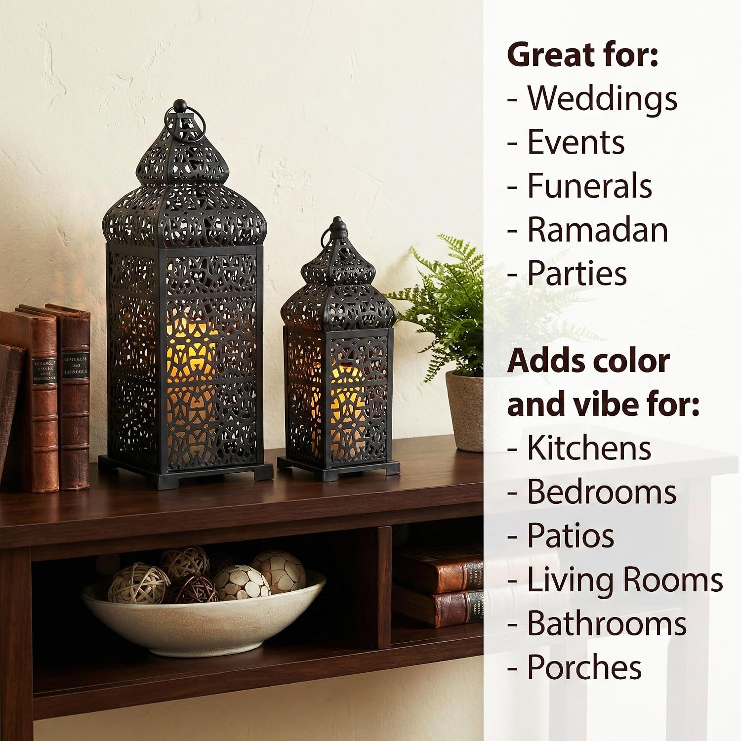 Vela Lanterns Decorative Indoor Moroccan Candle Holders, Black, Set of 2 | Halloween & Ramadan Decorations for Home