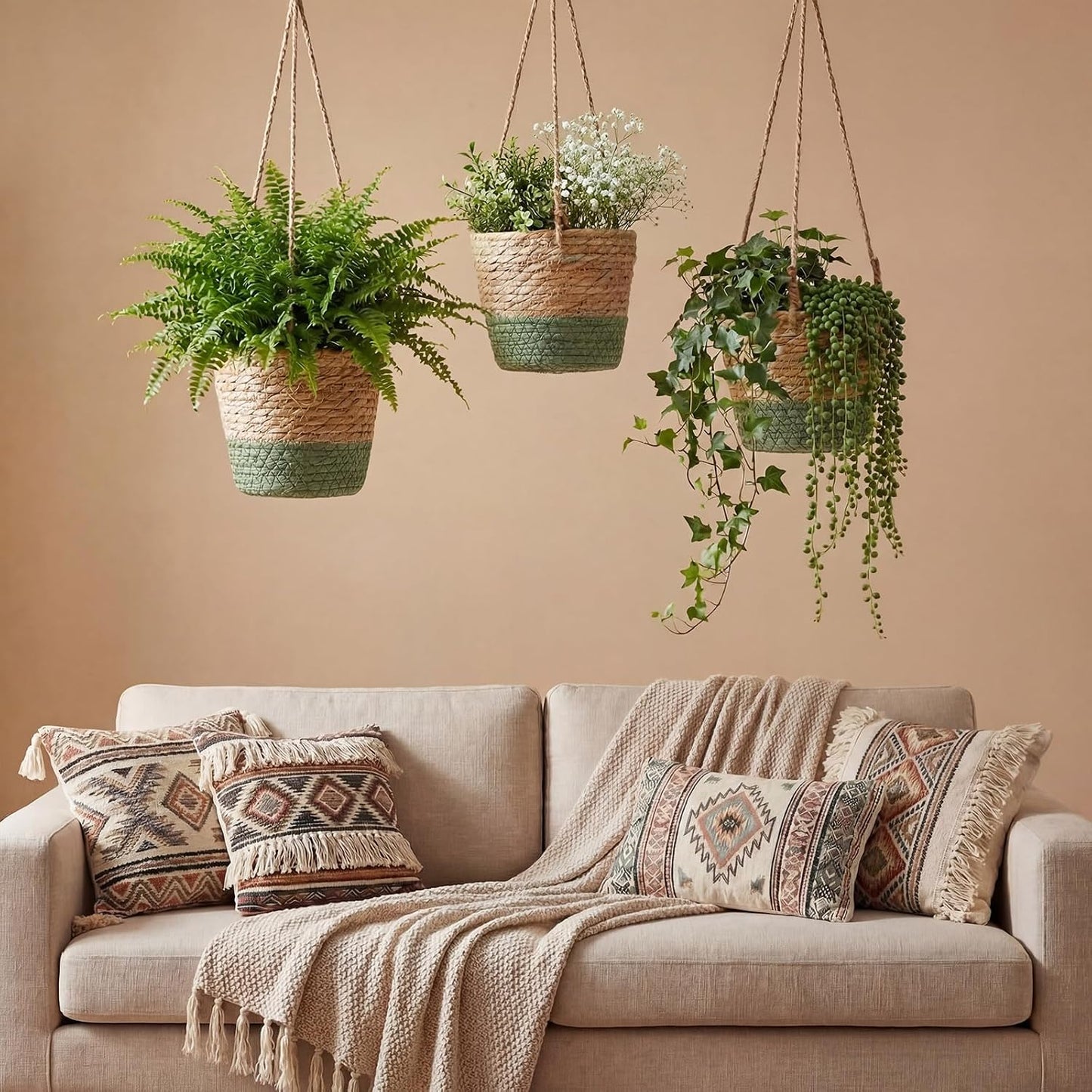 Seagrass Hanging Planter Basket Hand Woven Plant Basket / Brown, Green / Small / Set of 6