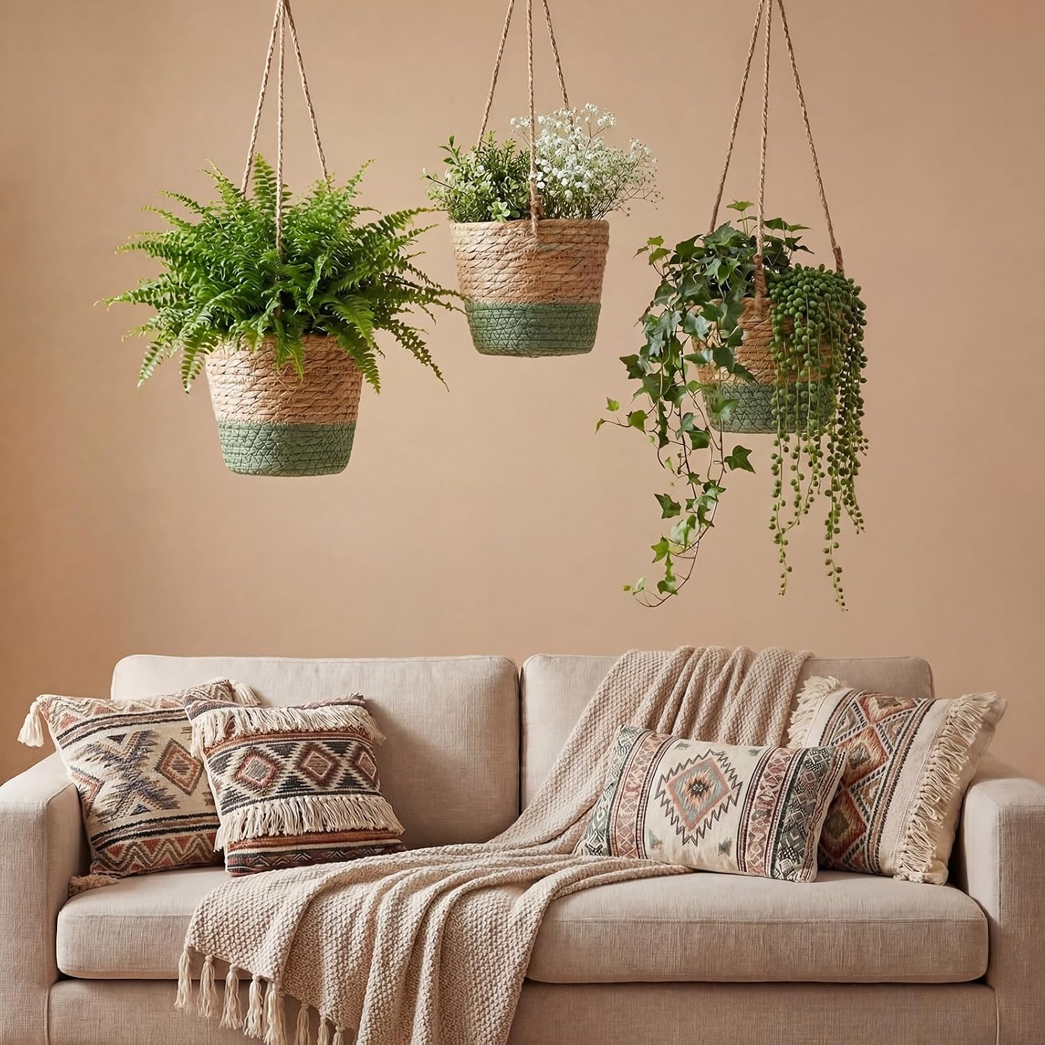 Seagrass Hanging Planter Basket Hand Woven Plant Basket / Brown, Green / Small / Set of 6