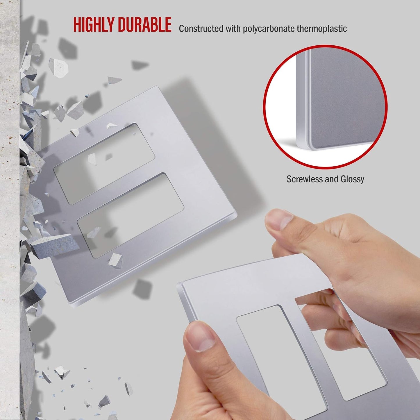 ENERLITES 2-Gang SIlver Screwless Decorator Wall Plate Outlet Cover, 10 Pack